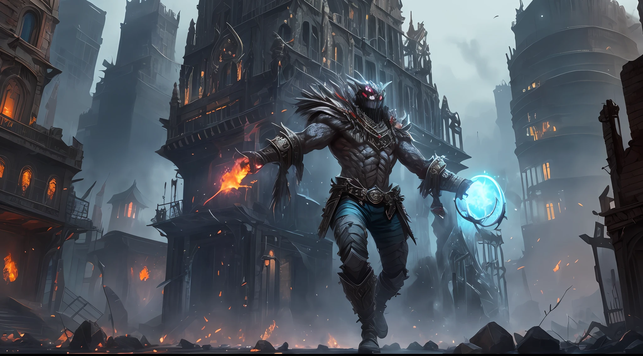 (Very detailed 8k wallpapers),A medium shot of a terrifying necromancer,intricated,high-details,Dramatic,The forgotten war,city ruins。