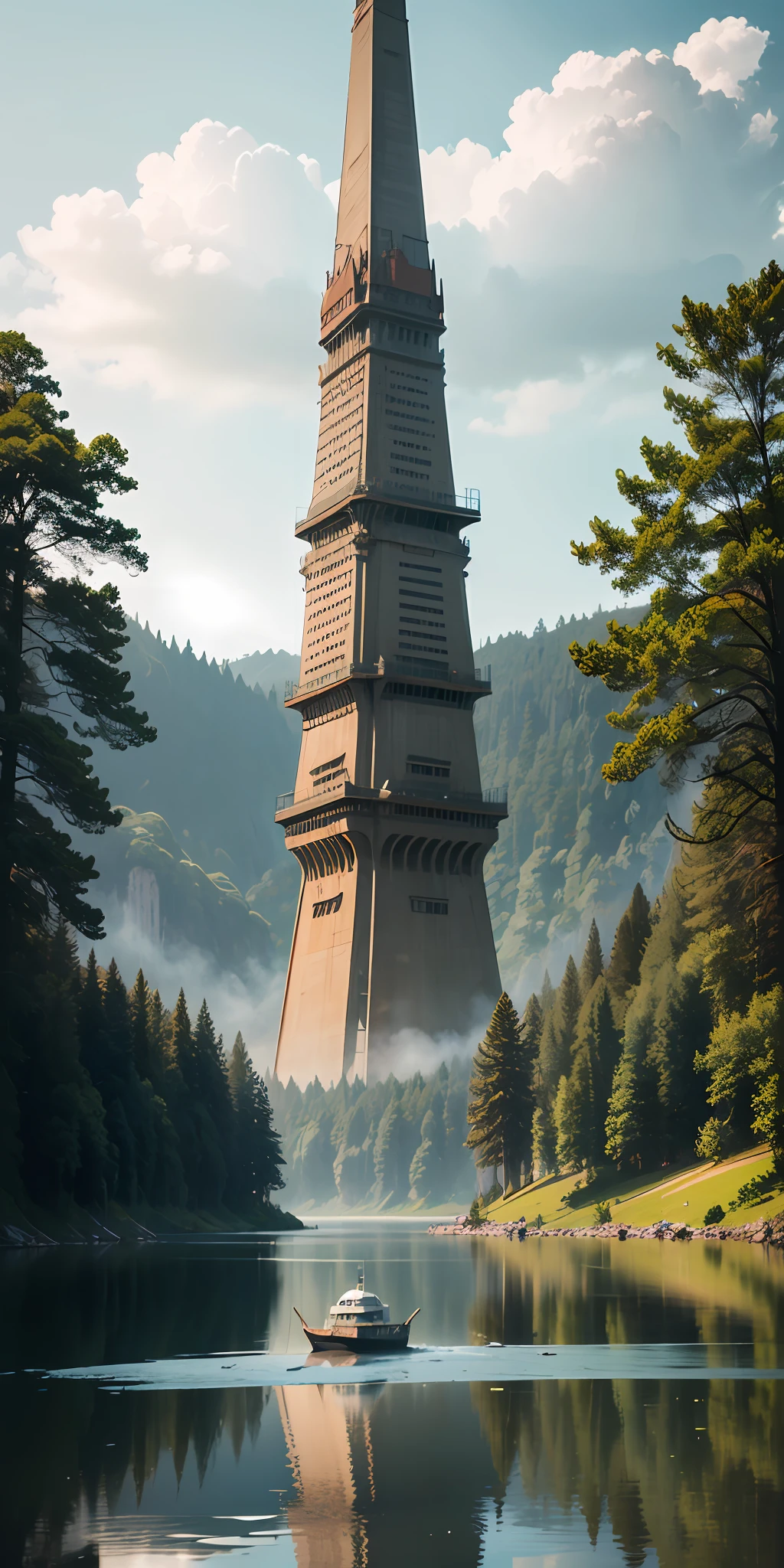 There are several mechanical dragons on the lake,The lake freezes,There is a huge mechanical tower in the middle of the lake,The lake is surrounded by green vines,And a Star Destroyer --auto