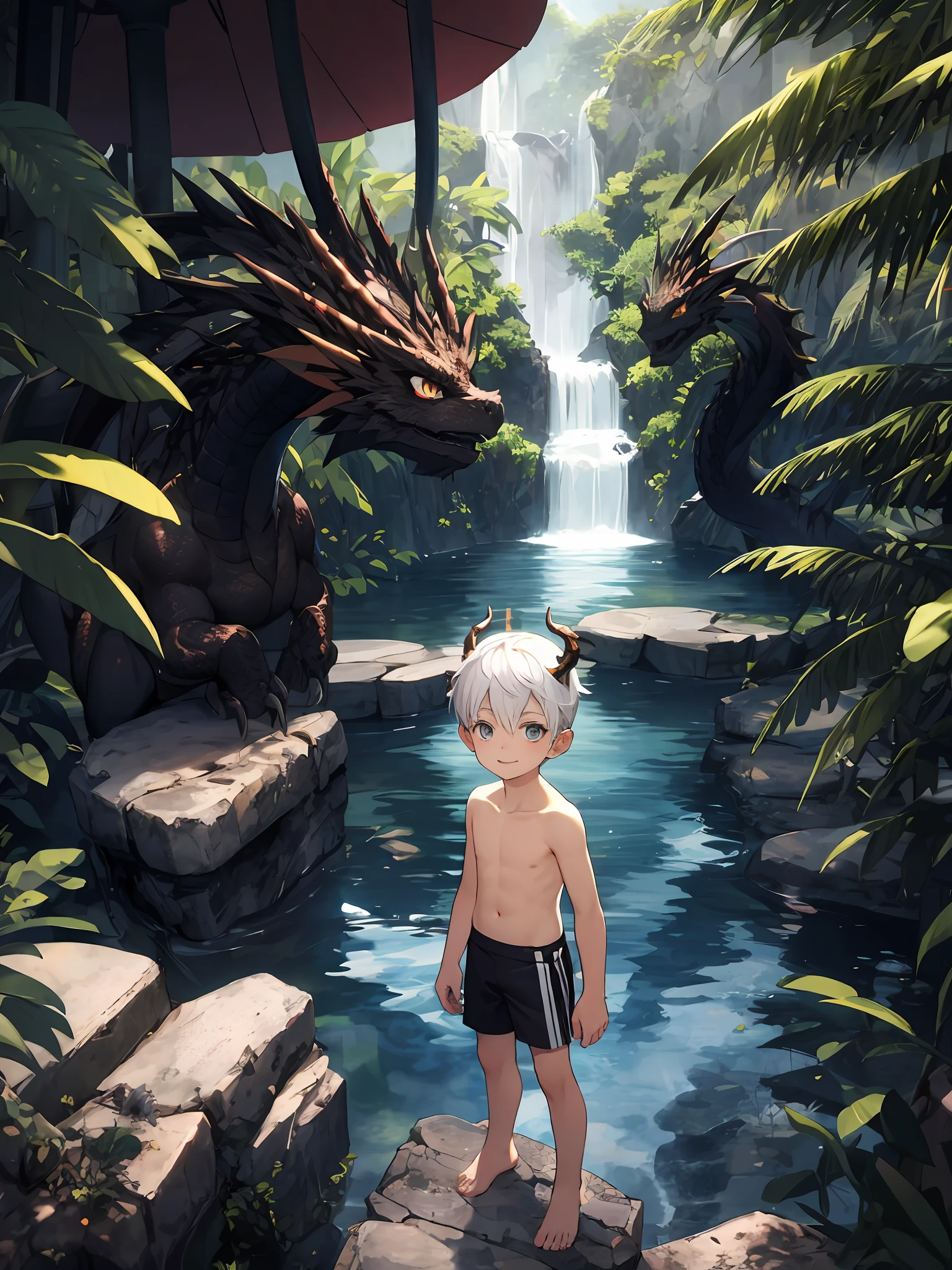 Shota,white color hair ,Q version,(toddlers,baby), lovly, to stand, Master masterpieces, high resolucion,8K,detailedbackground,hightquality,?????? boy,Male,(((独奏))),(Dragon wings,Dragon's horn,Dragon tail,???????,A barefoot:0.6),looking at the spectator,pov fpov,From above,Dreamlike,magical,The water,(Warm light source:1.2),Ray tracing,Cinematic lighting,watercourse,Deep in the jungle,A happy expression,(((escura,Linear rays)))