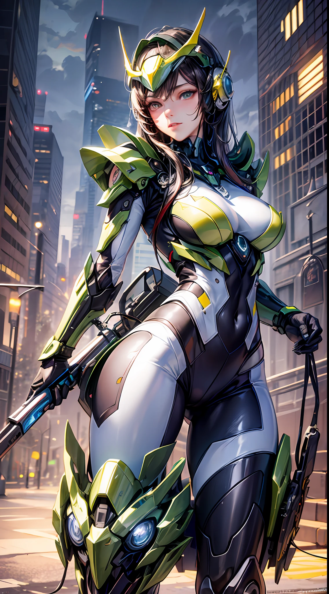 Highest image quality, outstanding details, ultra-high resolution, (realism: 1.4), the best illustration, favor details, highly condensed 1girl, with a delicate and beautiful face, dressed in a black and green mecha, wearing a mecha helmet, holding a directional controller, riding on a motorcycle, the background is a high-tech lighting scene of the future city.