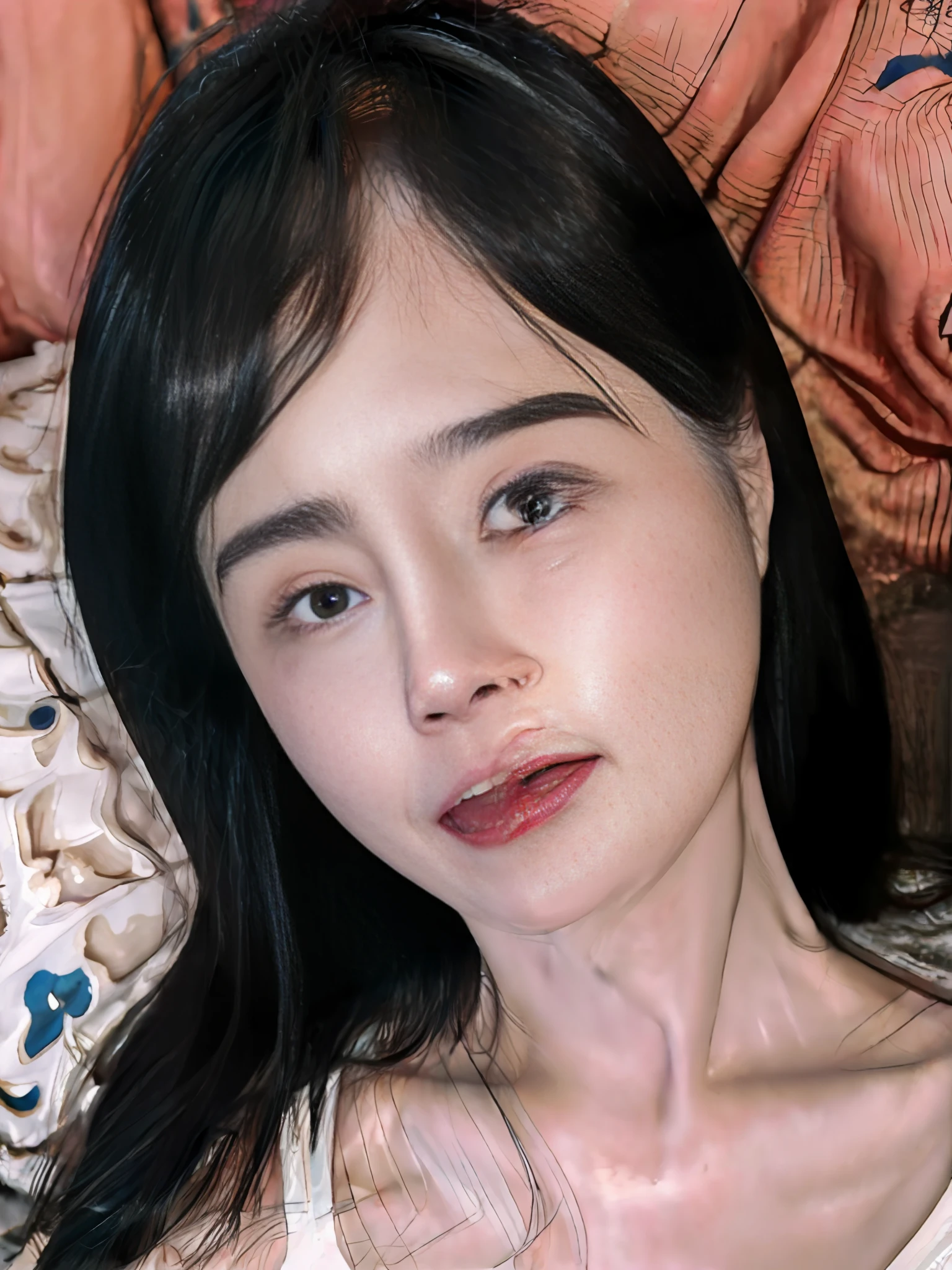 sun lighting, (1woman, Korean, 45 years old:1.4), simple background, (bed:1.4), (masterpiece, film grain, best quality, ultra high res, realistic:1.4), (ultra detailed face, ultra detailed eyes, ultra detailed skin, detailed skin pores:1.4), (freckles:0.3), (lying on back:1.2), (mole:1.3), face, blush:1.4), sweat, closed eyes, sparkling eyes, (cheekbones, raised cheeks:1.2), (small nose:1.2), (monolid eyes:1.3), open mouth, (detailed tongue:1.2), (white bra), (small breasts), (boobs gap),