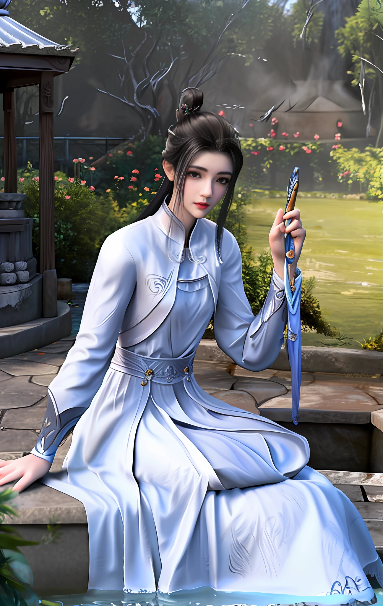 (巨作), High picture quality, faerie, Antique painting style, Sit on your knees, A white dress, Beautiful face, Garland embellishment, Gentle mist,Tranquil water, Next to the ancient well, Light makeup, warmtones, Engraved details, exquisite texture.