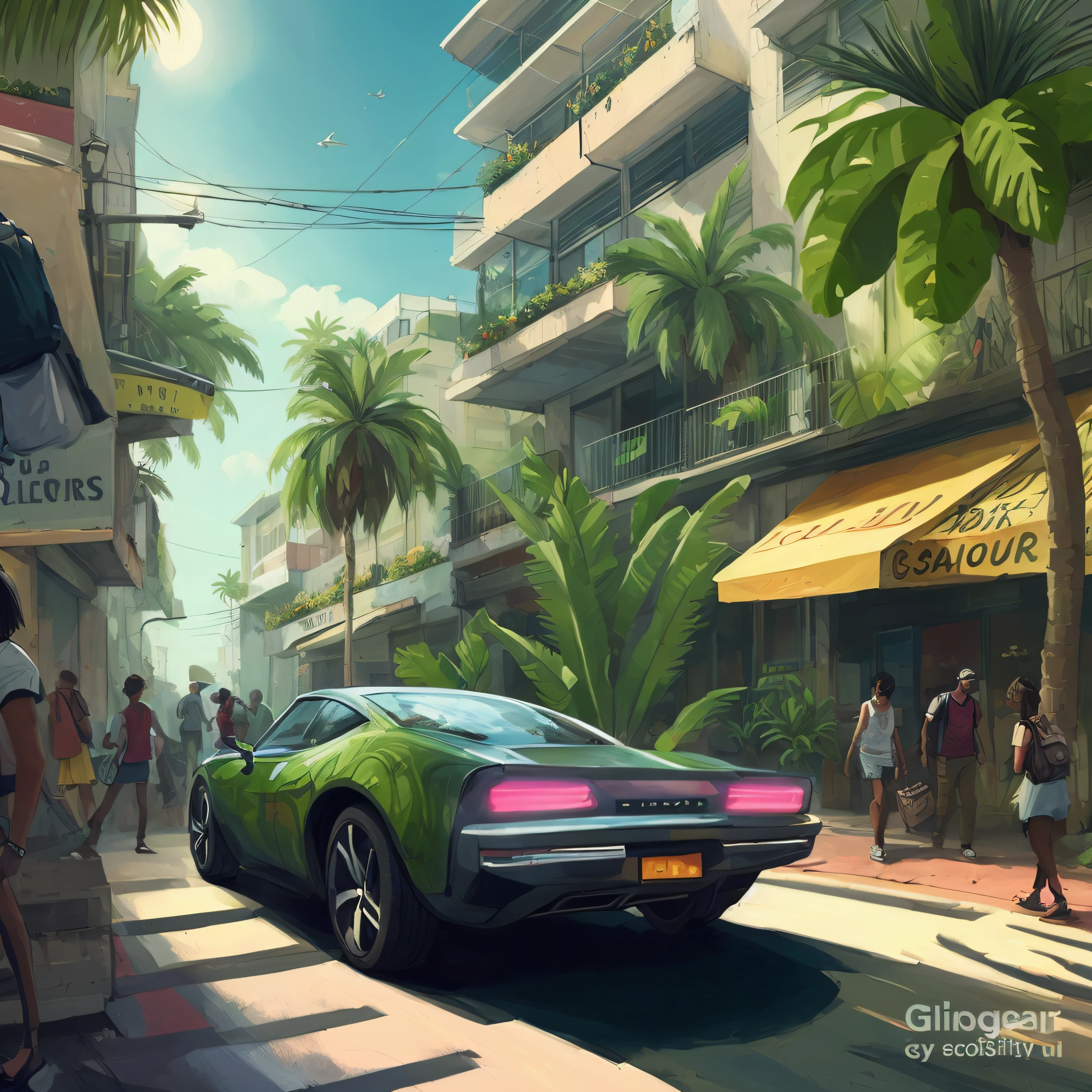 illustration of a car driving down a busy street in a tropical city, style of gta v artworks, Octane CGSOCIETY, highly realistic concept art, Concept Art urbain, CGSOCIETY Concept Art, deviantart artstation cgscosiety, Alejandro Burdiso Style Art, concept art digital illustration, concept art style, par Aleksander Gine, Paysage urbain tropical en plein air