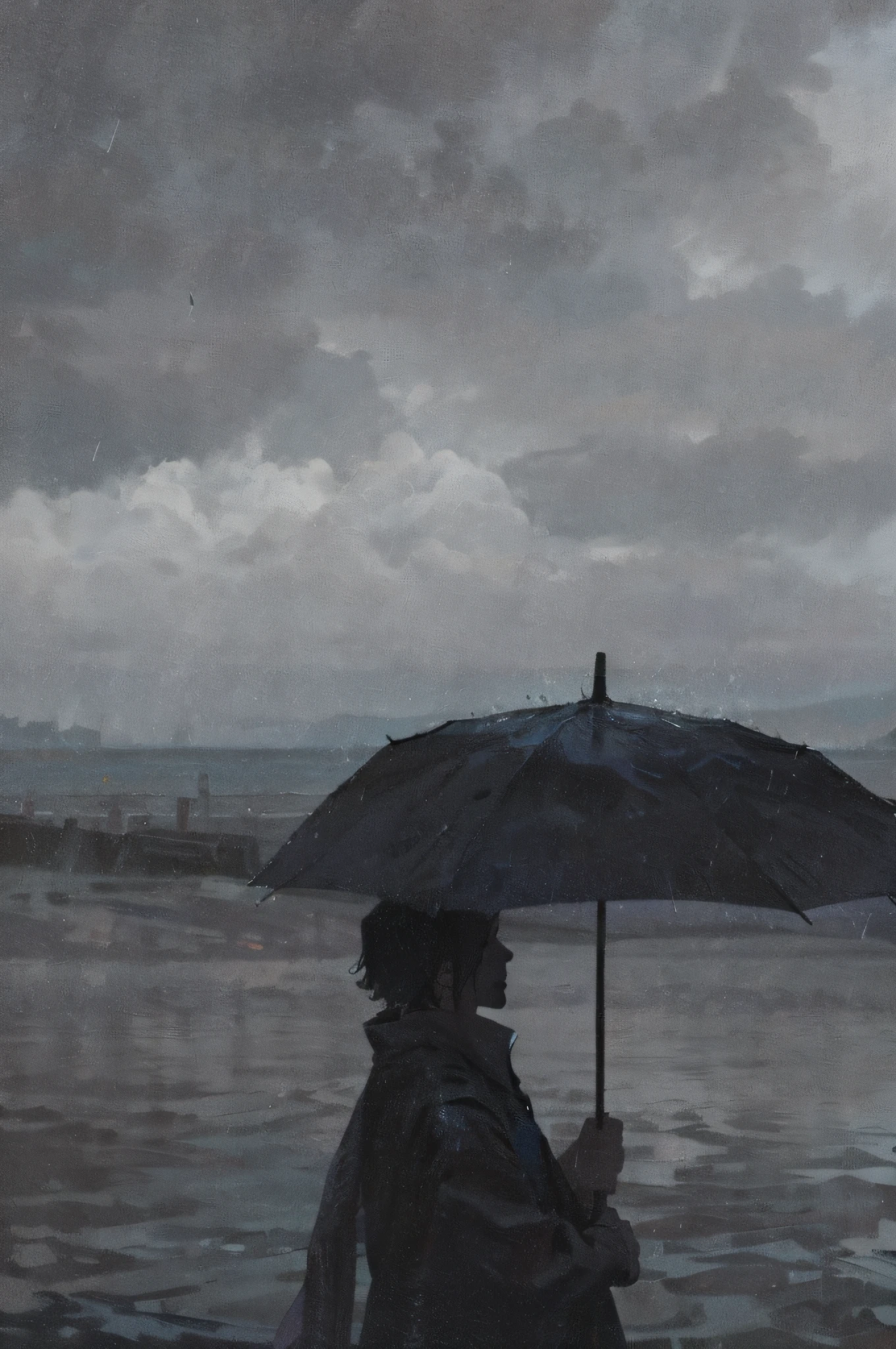repression，Dark blue ambient color，siluette，The Araved man stands on a pier overlooking the sea with an umbrella, Black umbrella, single person with umbrella, standing in the rain, Rain aesthetics, raining portrait, the sea and storms behind him, holding a umbrella, Holding an umbrella, rainy mood, holding a umbrella, A black and white photo, umbrella, author：Matthia Jama, in a storm, people with umbrellas