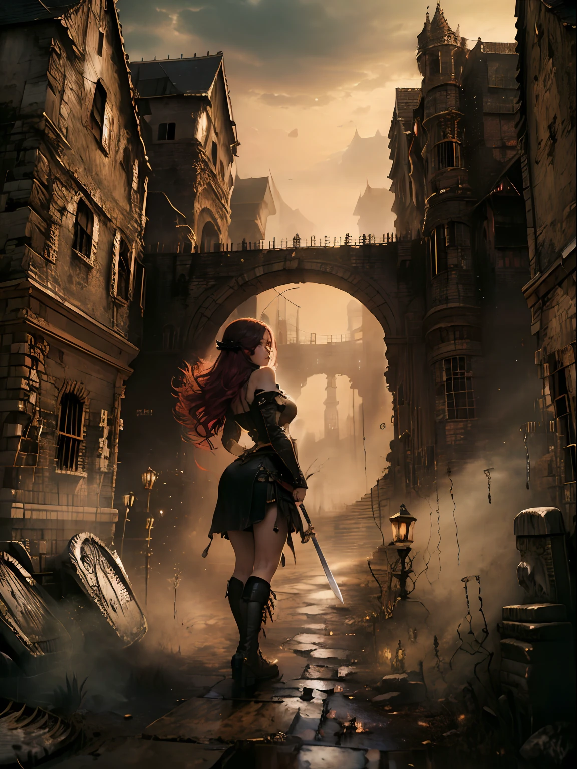 (((La mejor calidad))), (((Ultra detallado))), (((Obra maestra))), illustartion,(La nube de sangre roja oscura flota en el aire,the red bat,magia de sangre),1girl, Cara perfecta,(Una de sus manos sosteniendo una katana larga y ensangrentada,En otra mano sostiene una escopeta antigua.), Noche,volumetric lightning,Chica sexy wowdk,sonrisa loca,lluvia de sangre roja, cuervo,cementerio, fantasy, underground castle, ((colores apagados, Noche, oscuridad)), maquillaje, mascara,translucent skin,1girl, capa roja, sangre,Pelo rojo, andante, cuerpo alto, Tiro lejano, cuerpo completo, in the ready to battle position, Postura de lucha
