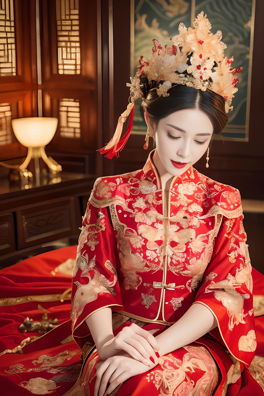 (ultra realistic 8k CG:1.2),perfect artwork,delicate pattern,intricate detail, (unparalleled masterpiece,best quality:1.2),(extremely intricate:1.2),a woman in a red and gold dress, Phoenix crown,hair stick,(sitting on red bed),Cosmetic,blush,shy,black_hair, looking down, Cosmetic,(forehead dot),(2 red candles), chinese_clothes, curtains, earrings, hair_ornament, hanfu, indoors, jewelry, red nails, long_sleeves, red dress, red lips, tassel, (Red quilt),(red palace:1.2),(ancient Chinese architecture),(red:1.8),night