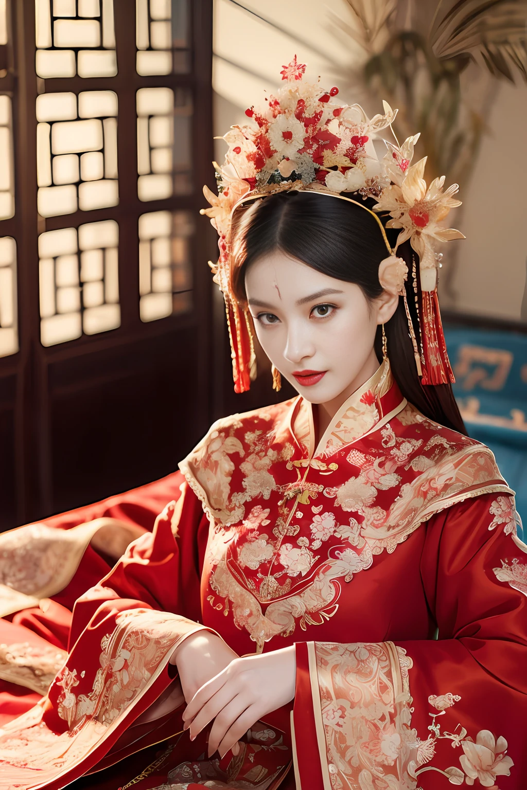(ultra realistic 8k CG:1.2),perfect artwork,delicate pattern,intricate detail, (unparalleled masterpiece,best quality:1.2),(extremely intricate:1.2),a woman in a red and gold dress, Phoenix crown,hair stick,(sitting on red bed),Cosmetic,blush,shy,black_hair, looking down, Cosmetic,(forehead dot),(2 red candles), chinese_clothes, curtains, earrings, hair_ornament, hanfu, indoors, jewelry, red nails, long_sleeves, red dress, red lips, tassel, (Red quilt),(red palace:1.2),(ancient Chinese architecture),(red:1.8),night