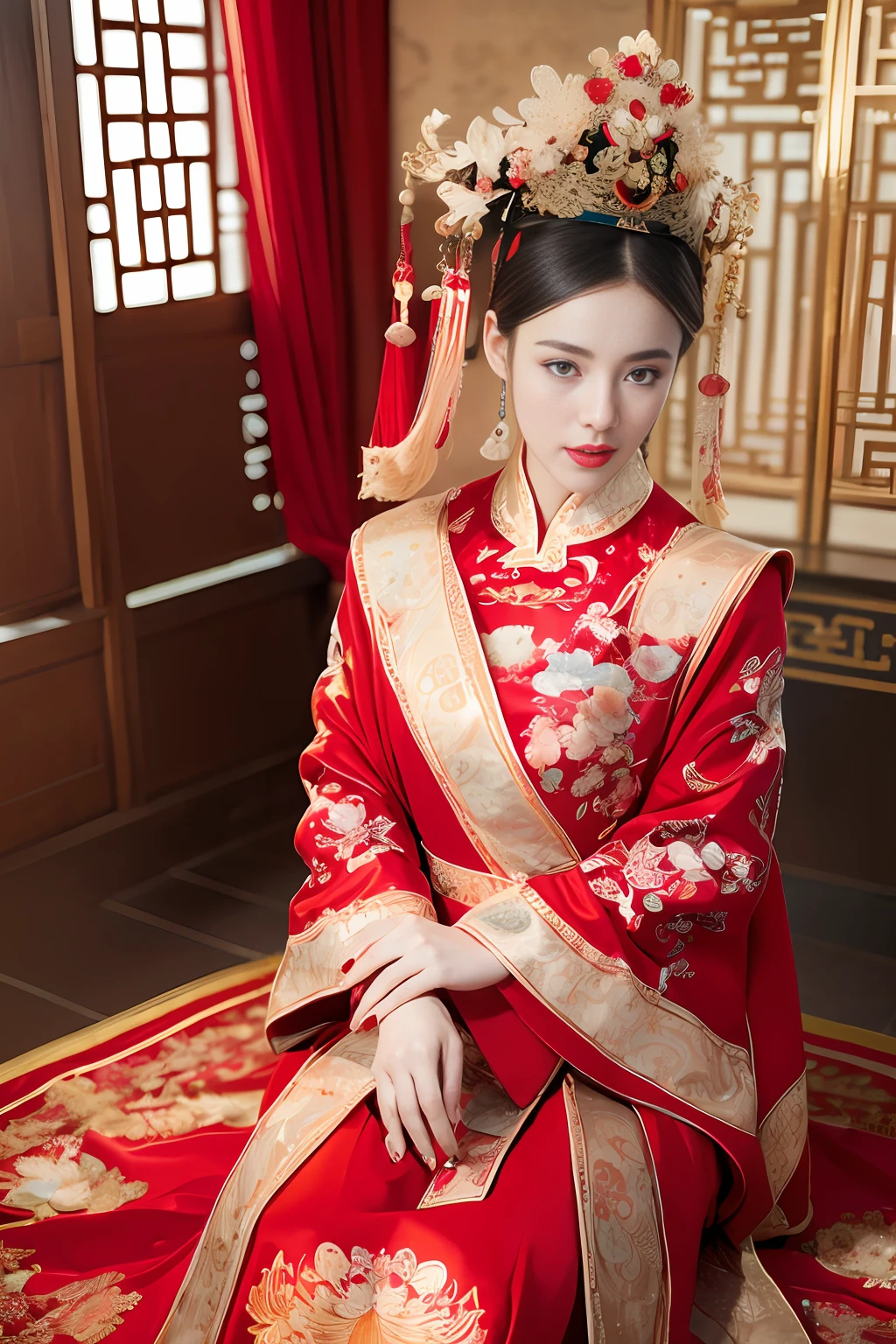(ultra realistic 8k CG:1.2),perfect artwork,delicate pattern,intricate detail, (unparalleled masterpiece,best quality:1.2),(extremely intricate:1.2),a woman in a red and gold dress, Phoenix crown,hair stick,(sitting on red bed),Cosmetic,blush,shy,black_hair, looking down, Cosmetic,(forehead dot),(2 red candles), chinese_clothes, curtains, earrings, hair_ornament, hanfu, indoors, jewelry, red nails, long_sleeves, red dress, red lips, tassel, (Red quilt),(red palace:1.2),(ancient Chinese architecture),(red:1.8),night