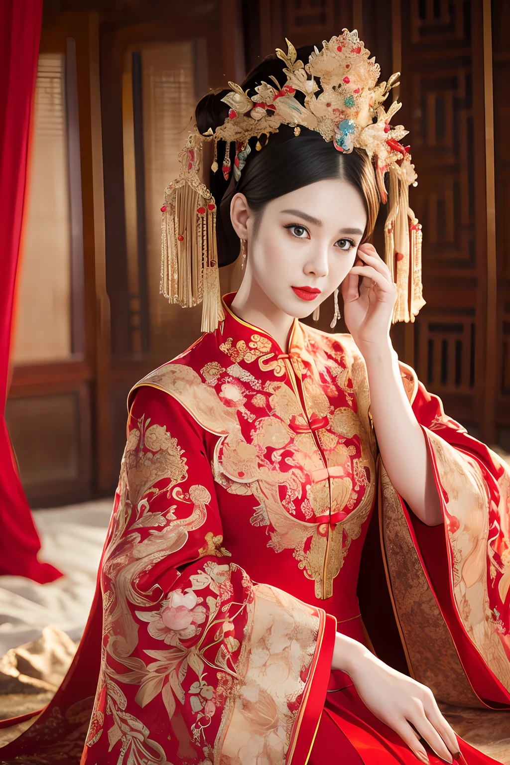 (ultra realistic 8k CG:1.2),perfect artwork,delicate pattern,intricate detail, (unparalleled masterpiece,best quality:1.2),(extremely intricate:1.2),a woman in a red and gold dress, Phoenix crown,hair stick,(sitting on red bed),Cosmetic,blush,shy,black_hair, looking down, Cosmetic,(forehead dot),(2 red candles), chinese_clothes, curtains, earrings, hair_ornament, hanfu, indoors, jewelry, red nails, long_sleeves, red dress, red lips, tassel, (Red quilt),(red palace:1.2),(ancient Chinese architecture),(red:1.8),night