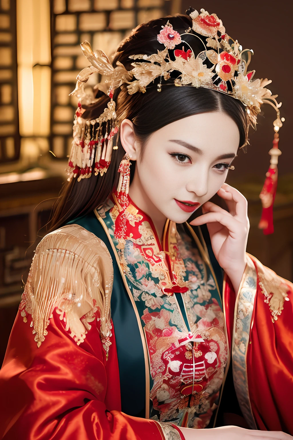 (ultra realistic 8k CG:1.2),perfect artwork,delicate pattern,intricate detail, (unparalleled masterpiece,best quality:1.2),(extremely intricate:1.2),a woman in a red and gold dress, Phoenix crown,hair stick,(sitting on red bed),Cosmetic,blush,shy,black_hair, looking down, Cosmetic,(forehead dot),(2 red candles), chinese_clothes, curtains, earrings, hair_ornament, hanfu, indoors, jewelry, red nails, long_sleeves, red dress, red lips, tassel, (Red quilt),(red palace:1.2),(ancient Chinese architecture),(red:1.8),night