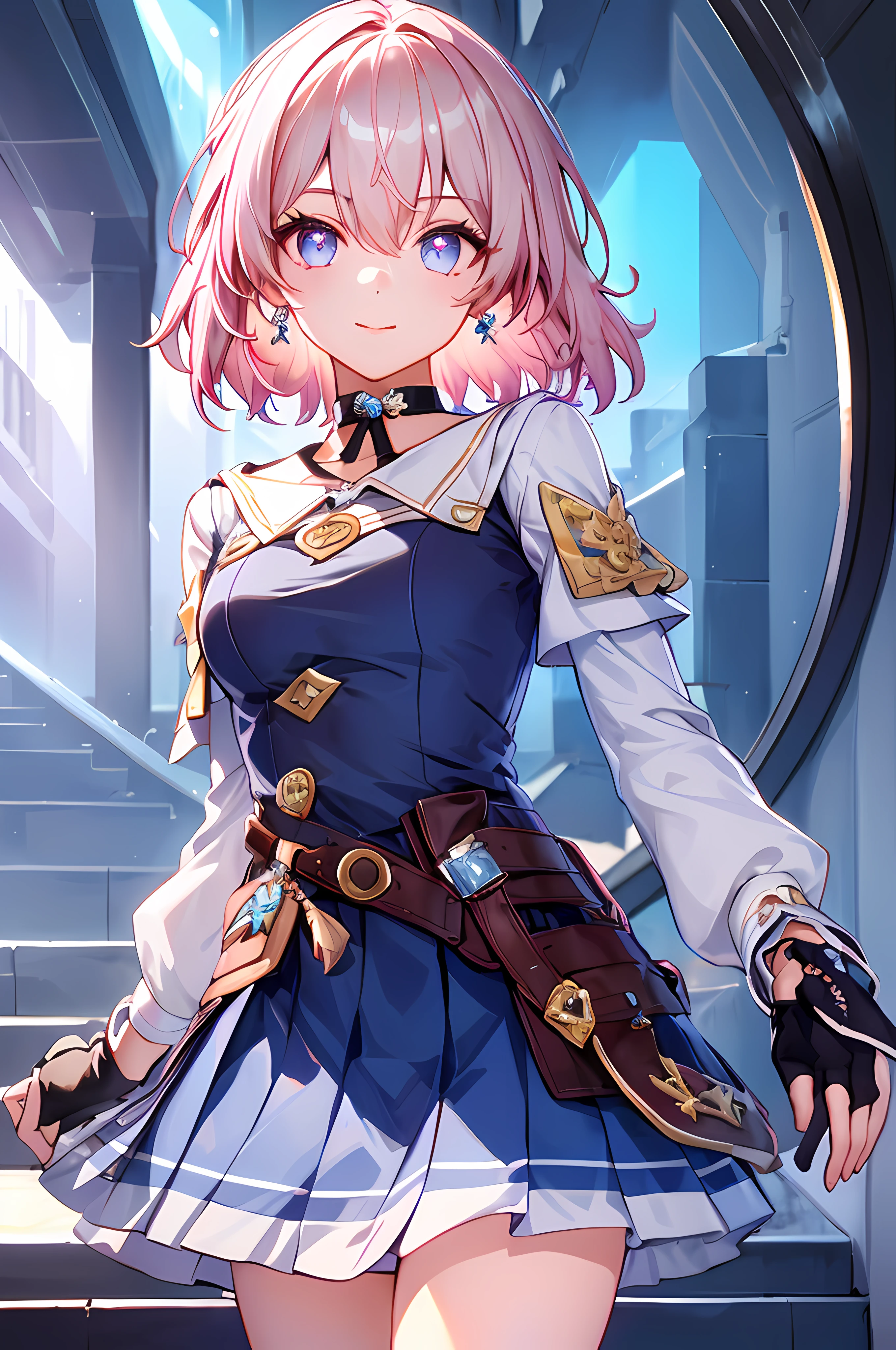 Marhd, Mards, 1girl huge large breasts, solo, 比基尼，barepubic hair，skirts, mitts, 耳环, jewelry, bangss, blue eyess, Pink eyes, Black gloves, long  sleeves, a blue skirt, necklac, Fingerless gloves, Camisa blanca, Hair between both eyes, short-cut hair, Single glove, pleatedskirt, Partially fingerless gloves, Purple eye, Manteau, Colorful eyes, (巨作:1.6, Best quality), (fine detailed beautiful eyes: 1.2), Ultra-detailed, illustration, Beautiful detailed eyes,