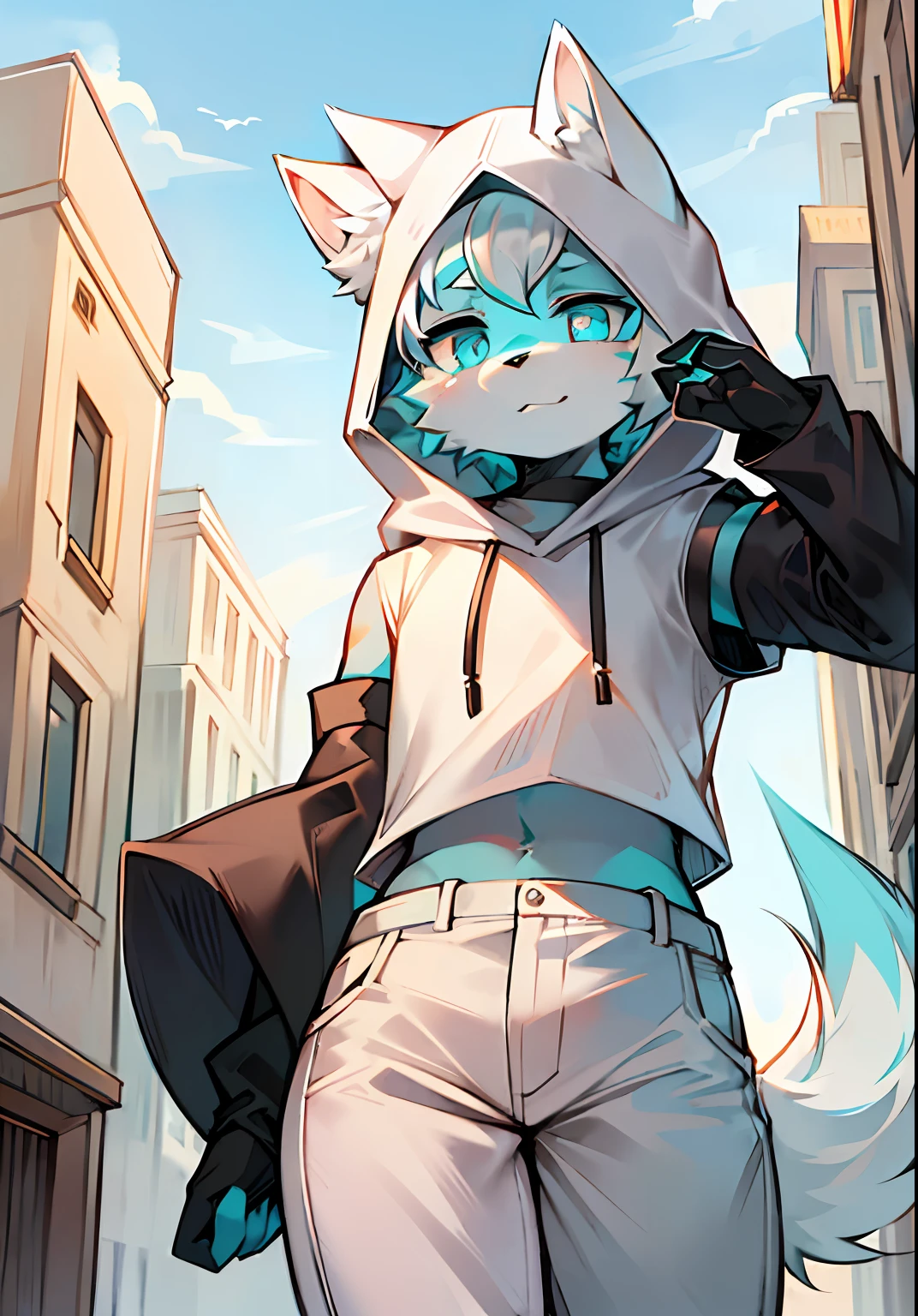 Samoyedskaya, human, furry, canine, (furry), (clear cyan eyes), white hair, white dog tail, (((black sleeves))), {white short sleeves with hood, no hat}, white cropped pants, outdoor,