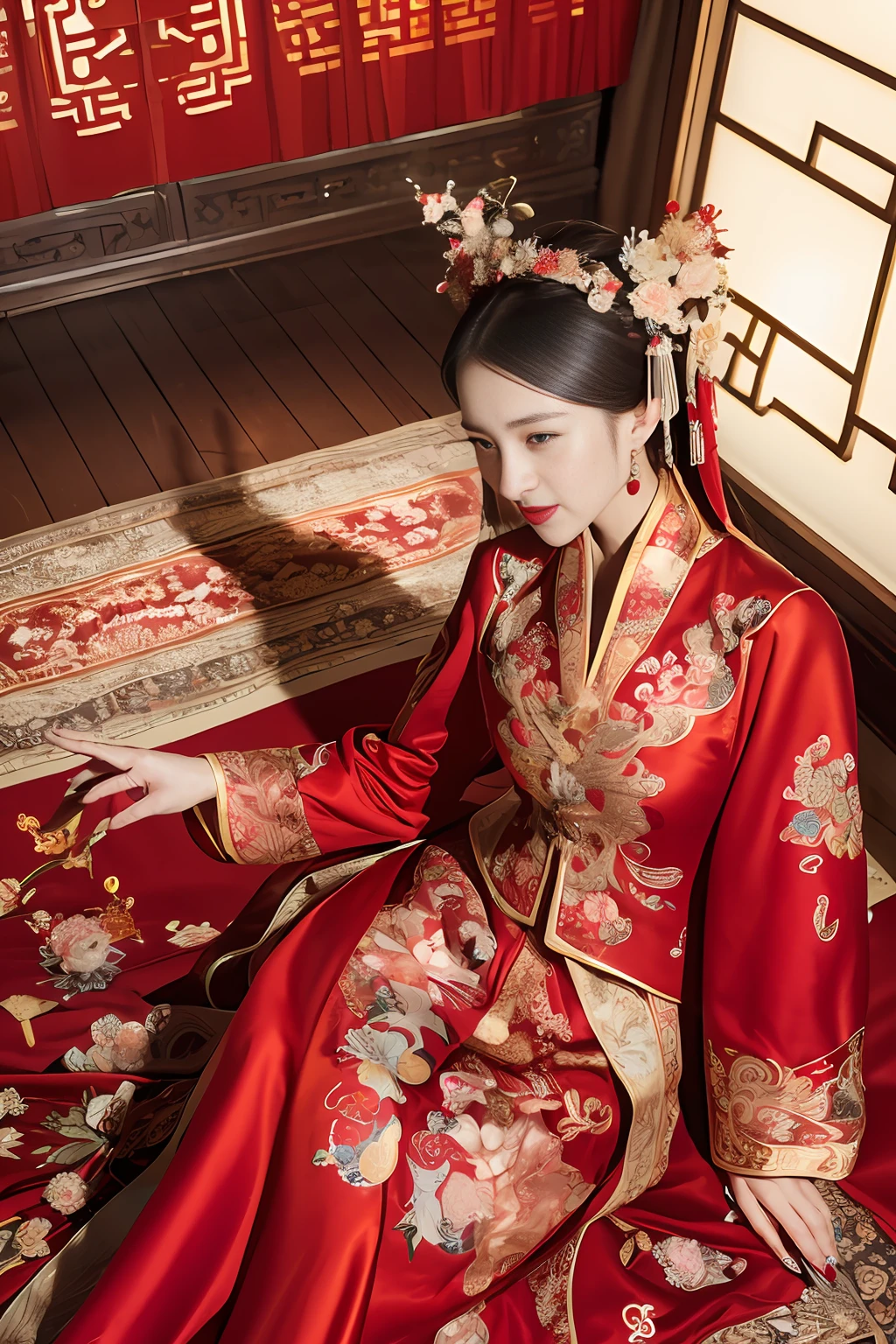 (ultra realistic 8k CG:1.2),perfect artwork,delicate pattern,intricate detail, (unparalleled masterpiece,best quality:1.2),(extremely intricate:1.2),a woman in a red and gold dress, Phoenix crown,hair stick,(sitting on red bed),Cosmetic,blush,shy,black_hair, looking down, Cosmetic,(forehead dot),(2 red candles), chinese_clothes, curtains, earrings, hair_ornament, hanfu, indoors, jewelry, red nails, long_sleeves, red dress, red lips, tassel, (Red quilt),(red palace:1.2),(ancient Chinese architecture),(red:1.8),night
