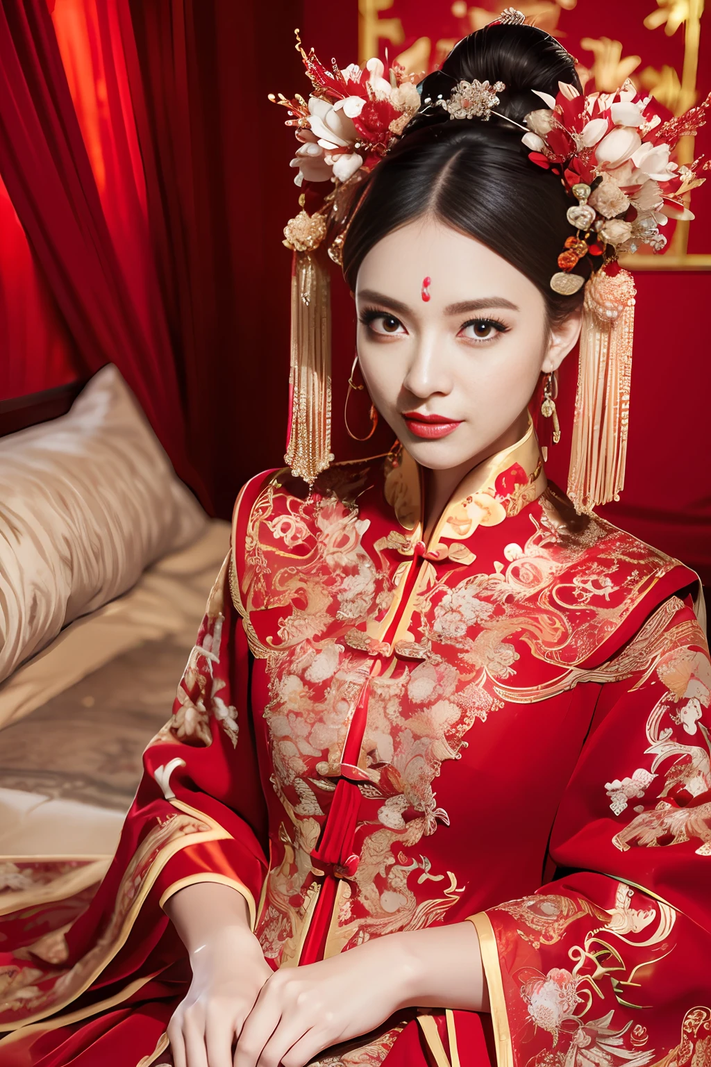 (ultra realistic 8k CG:1.2),perfect artwork,delicate pattern,intricate detail, (unparalleled masterpiece,best quality:1.2),(extremely intricate:1.2),a woman in a red and gold dress, Phoenix crown,hair stick,(sitting on red bed),Cosmetic,blush,shy,black_hair, looking down, Cosmetic,(forehead dot),(2 red candles), chinese_clothes, curtains, earrings, hair_ornament, hanfu, indoors, jewelry, red nails, long_sleeves, red dress, red lips, tassel, (Red quilt),(red palace:1.2),(ancient Chinese architecture),(red:1.8),night