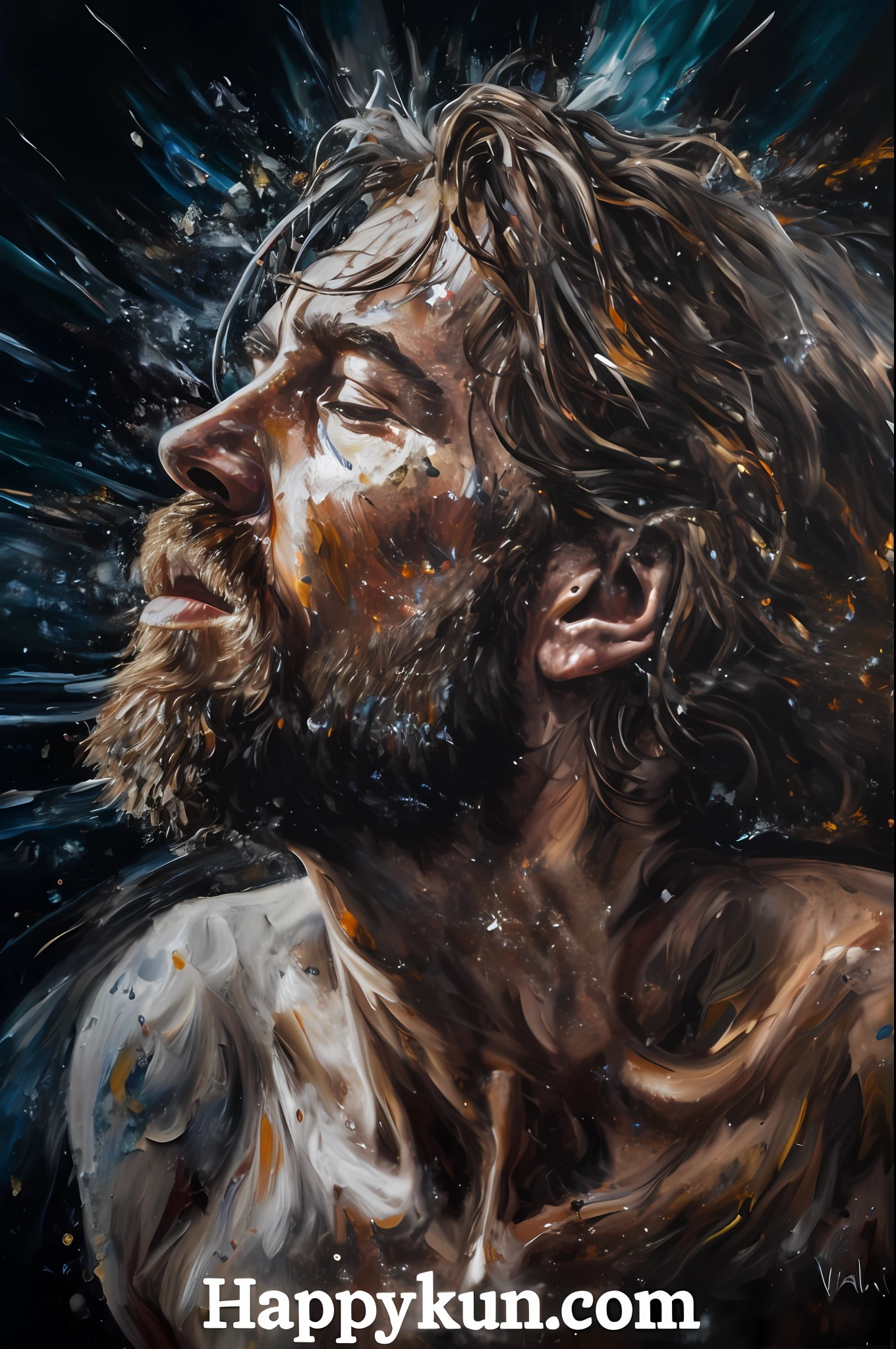 uma pintura de um homem com barba e barba no ar, pintura de realismo detalhado, intricate and intense oil paint, ultrarealism oil painting, Extremely detailed oil painting, hyper real oil painting, an epic painting by an artist, Hiper-realismo vrubel, incredibly detailed oil painting, pintura de um homem, hyper real acrylic painting, extremely detailed oil portrait, pintura poderosa