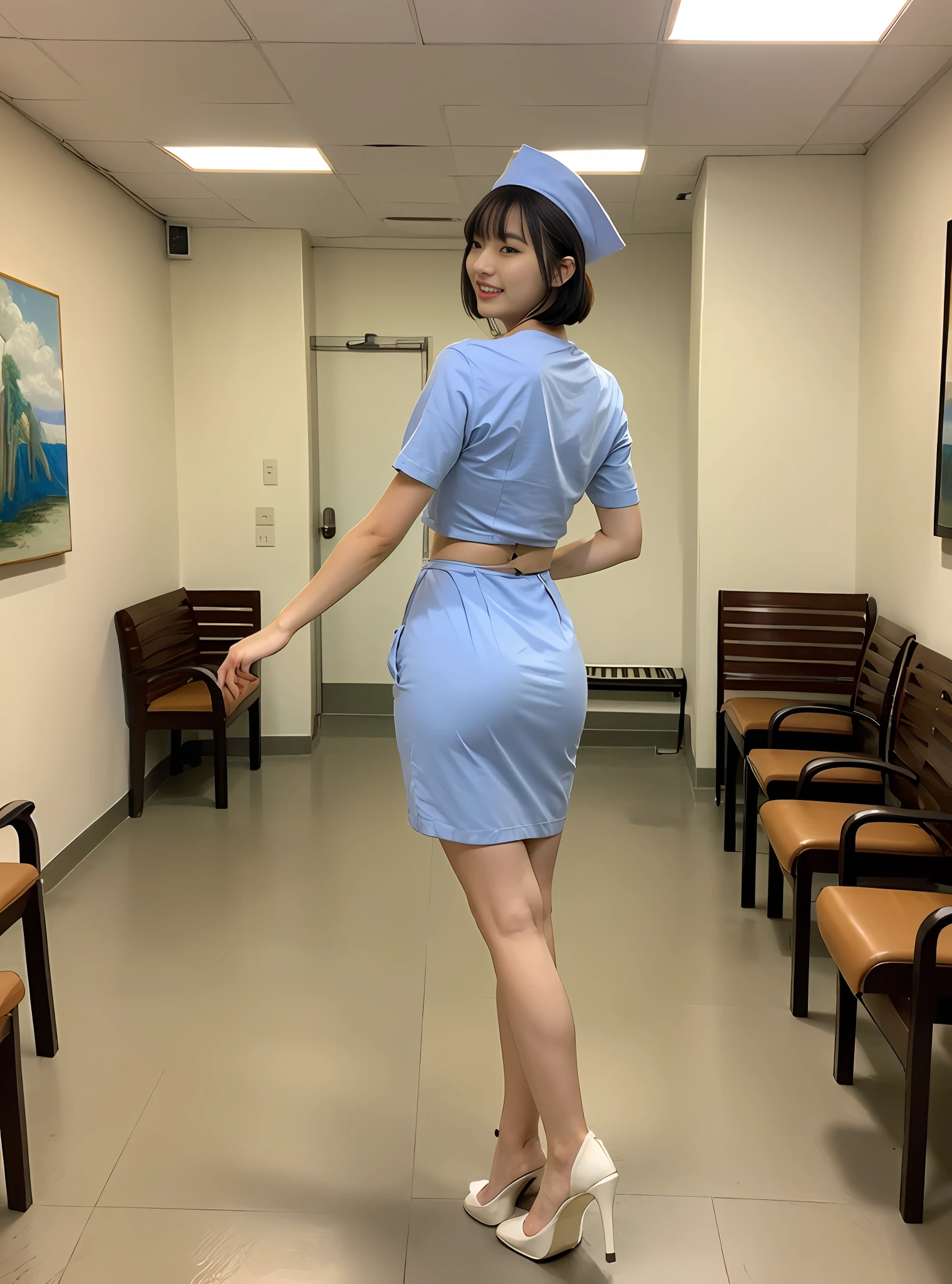((optimal quality, 16k, Hi-Def，masterpaintings:1.3)), Young beautiful nurse，Cinematography，shooting full body：1.8, 2 beauties with perfect figures:1.2, Melon seed face：1.5，Small head：1.2，Slimming the waist：1.2，Slim:1.2, (( Stylish short hair，Air bangs：1.5，Medium breasts and beautiful breasts:1.2)), (Long white nurse's uniform with buttons:1.5，The nurse's uniform is super realistic and detailed：1.2，White nurse hat：1.2) , (Peaceful outpatient hall:1.3), Fair and crystal clear skin：1.5，Perfect white thighs：1.2，Fair and rounded calves：1.2，White tender toes：1.2），Fashion brand stiletto heels：1.2，Highly detailed facial and skin texture, detailed eye, 双眼皮，Whitens glowing skin，smil：1.2，blissful：1.2，Baring teeth，Baring tongue，（The eye，Gloss on lips，pores，super detailing，Faces are super realistic and detailed），Wide lighting，naturalshadow，Stand dignified：1.2，Shoot from the back，Displayed from the back，Show the perfect waist and hips wrapped in a nurse's uniform，shooting full body：1.8