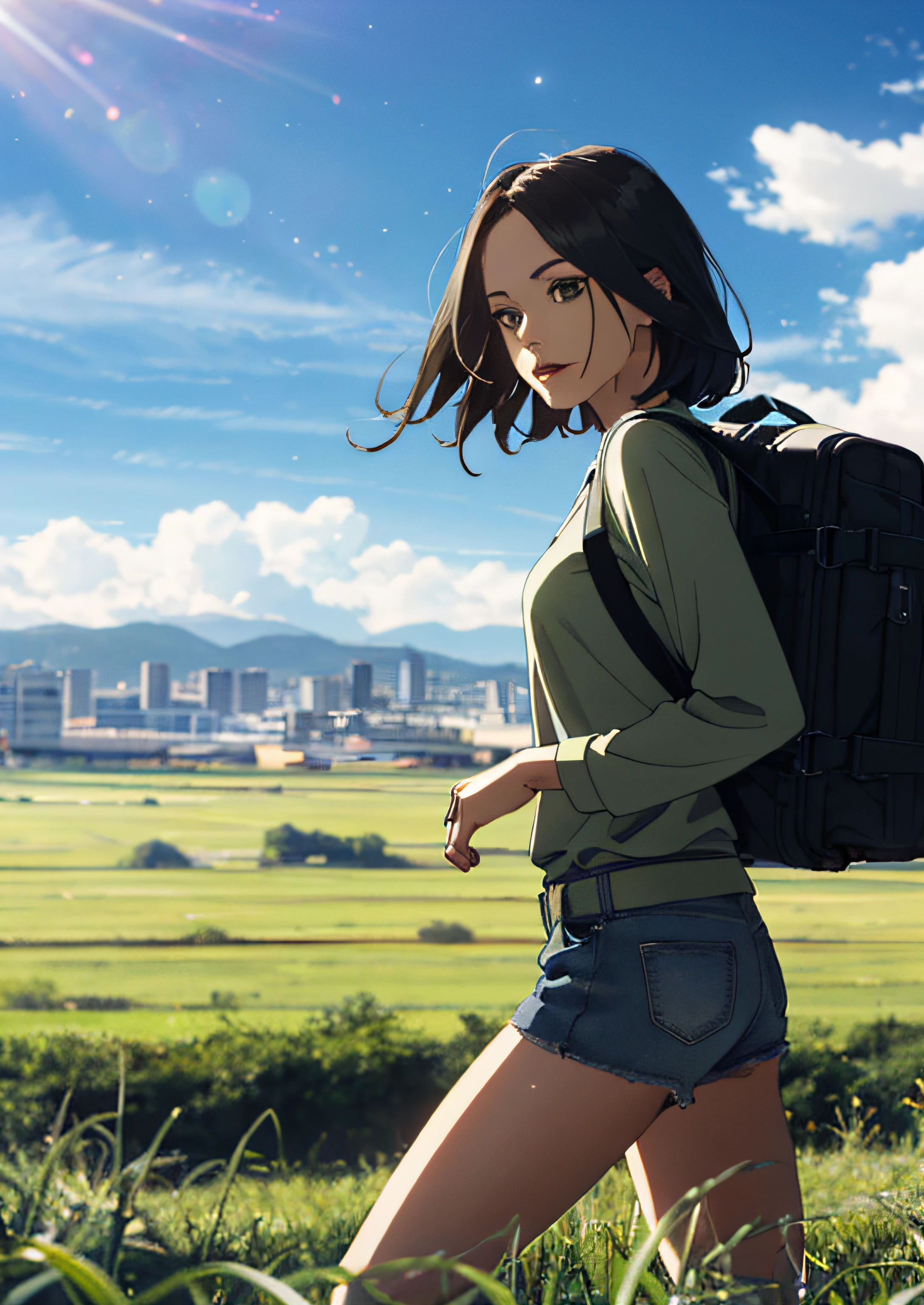 In a very tense and dramatic picture, the beautiful skyline and vast sky can be seen everywhere, the vast green grassland stretches as far as the eye can see, the beautiful North Star hangs high in the sky, and the colorful natural light makes the whole picture full of vitality. Wearing a long-sleeved top, denim shorts, and carrying a backpack, the camera zooms in to capture her charming face with sparkling eyes, which further accentuates her beauty.