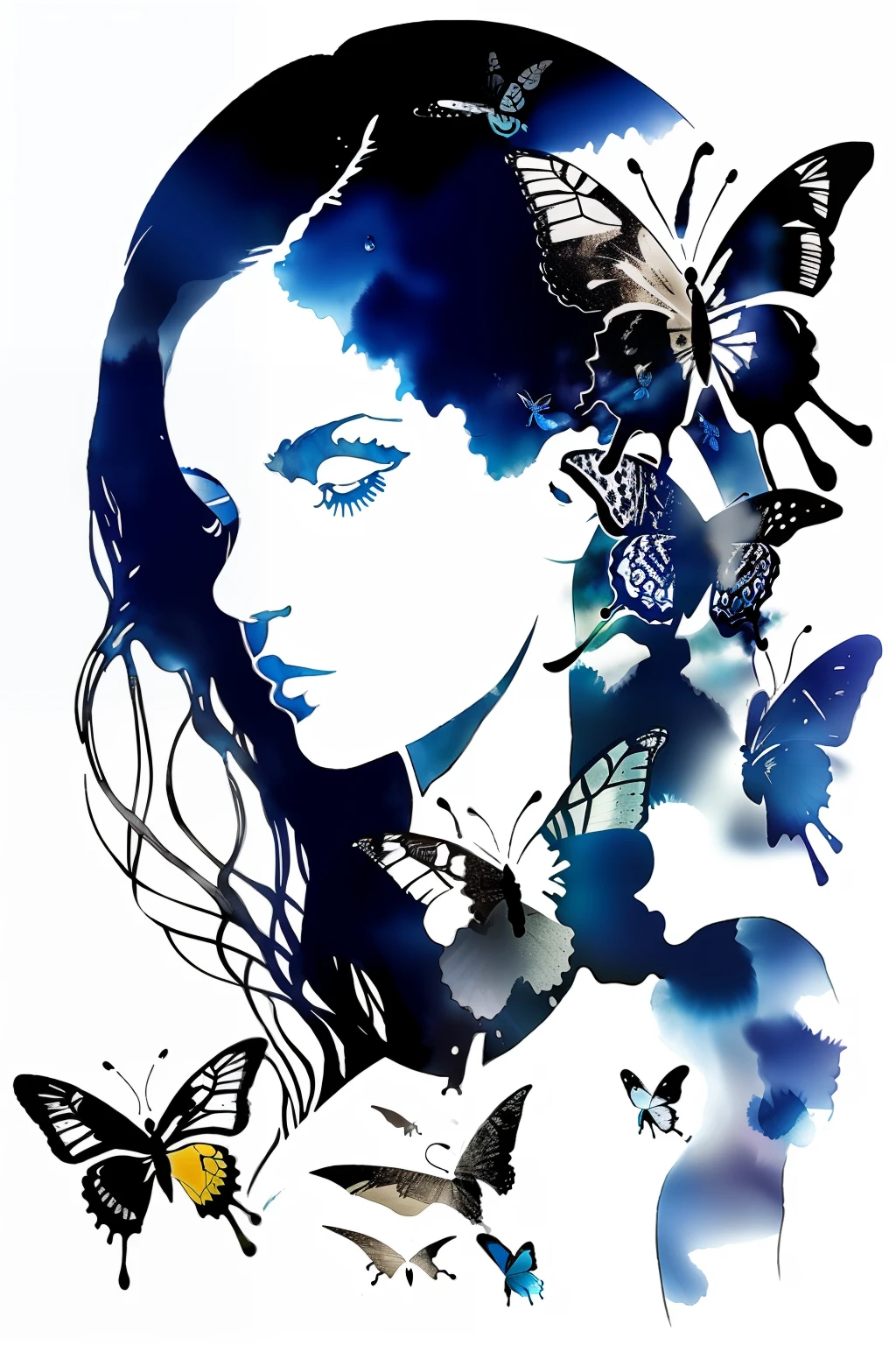 (Doubleexposure),1girl huge large breasts,White background,(solo),( Ink painting),The drops,(Butterflies),巨作,Best quality
