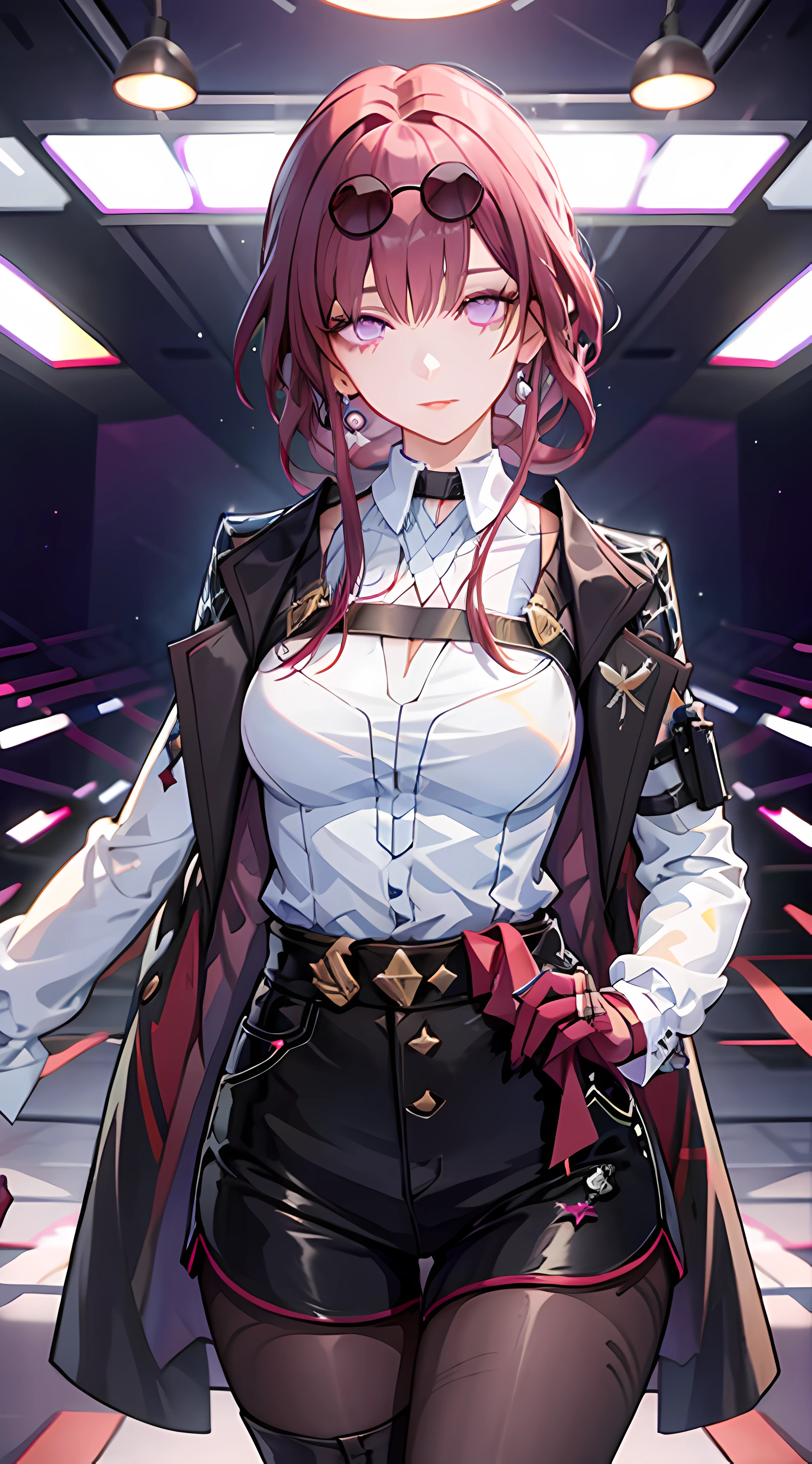 Masterpiece, Best Quality, 1girl, Official, Purple Eyes, Purple Hair, Bustiness, Denim Shot, Looking at the Audience, Dark, (Darkness), Cinematic Light, Edge Light, Delicate Eyes, (pureerosface_v1:0.5), Looking at the Audience, (Realisticity: 1.2), Provocative, Broken Star Track, Arrogant, Bangs Evil Face, Apocalyptic Background, Hot Pants, Shorts