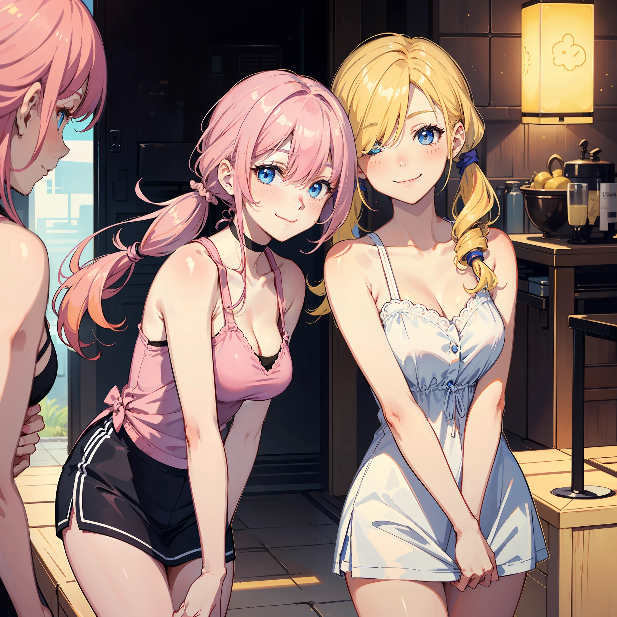 (Young AS-Young V2:1.2),blue eyes,light smile,(white rough outline:1.2),Bare shoulders,long hair,twintails,yellow hair,big breasts,smile,pink hair,hair over one eye,hair tie,medium hair with long locks,low tied,low ponytail,flat chest,bare shoulders,blush,light smile,closed mouth,