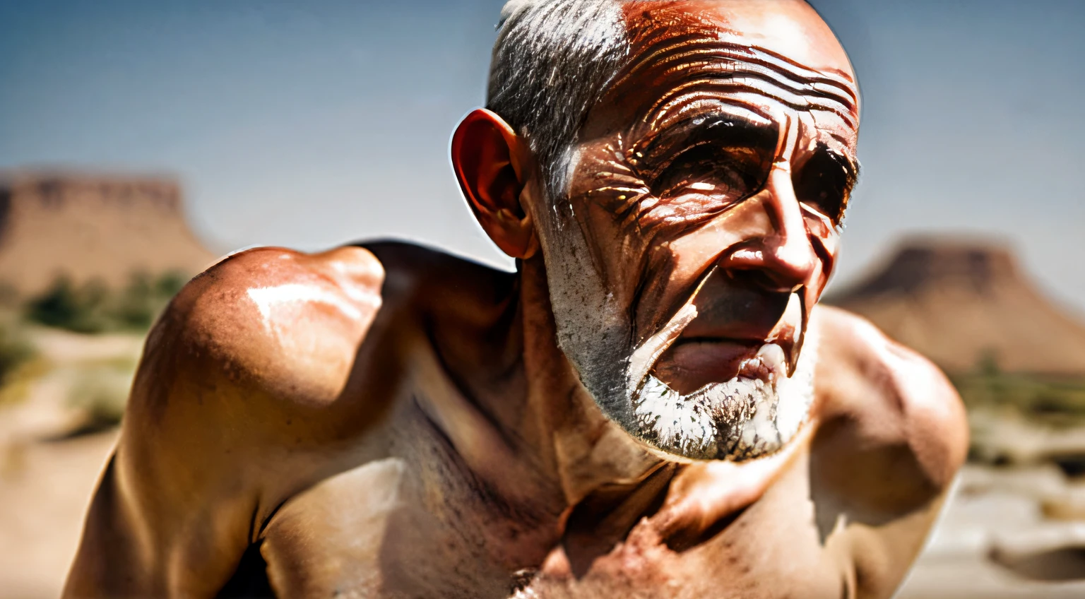 Biblical story, Job, skinny elderly man with severe skin disease, one century, ancient Israel, skinhead, shirtless, wilderness, suffering face