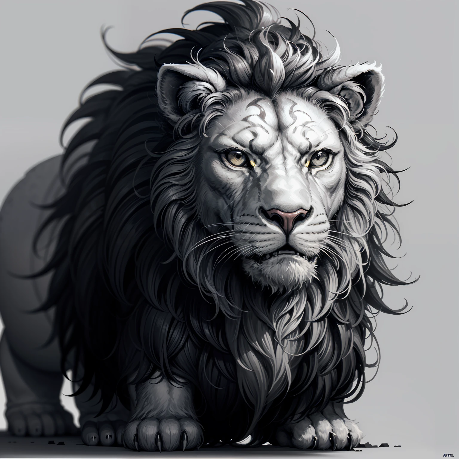 "Clean monochrome lines for a black and white vector drawing of a lion image built with tribal Maori symbols on a white background. Generating a thick line 2D rendering for a full sheet art effect." --auto