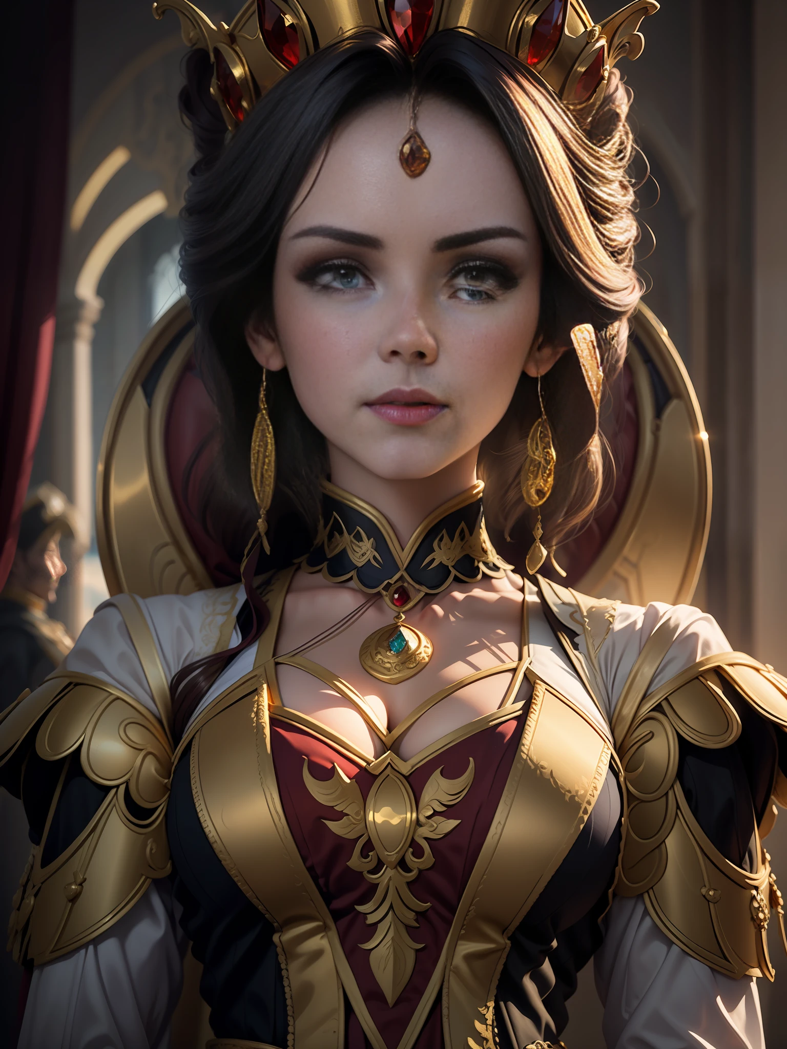 best quality, masterpiece, detail, intricate details, realistic cinematic lighting, (fantasy art: 1.6), (ceza: 1.1), (façade: 1.2), upright, royal, majestic, queen, (huge and golden thrones: 1.4), crown, close up front, solemn, throne, upright posture, serious, dignity, gaze ahead, contemplation, jewelry, solo, divine light, 1 woman, (gold and red dresses:1.2), golden palace,mirelia