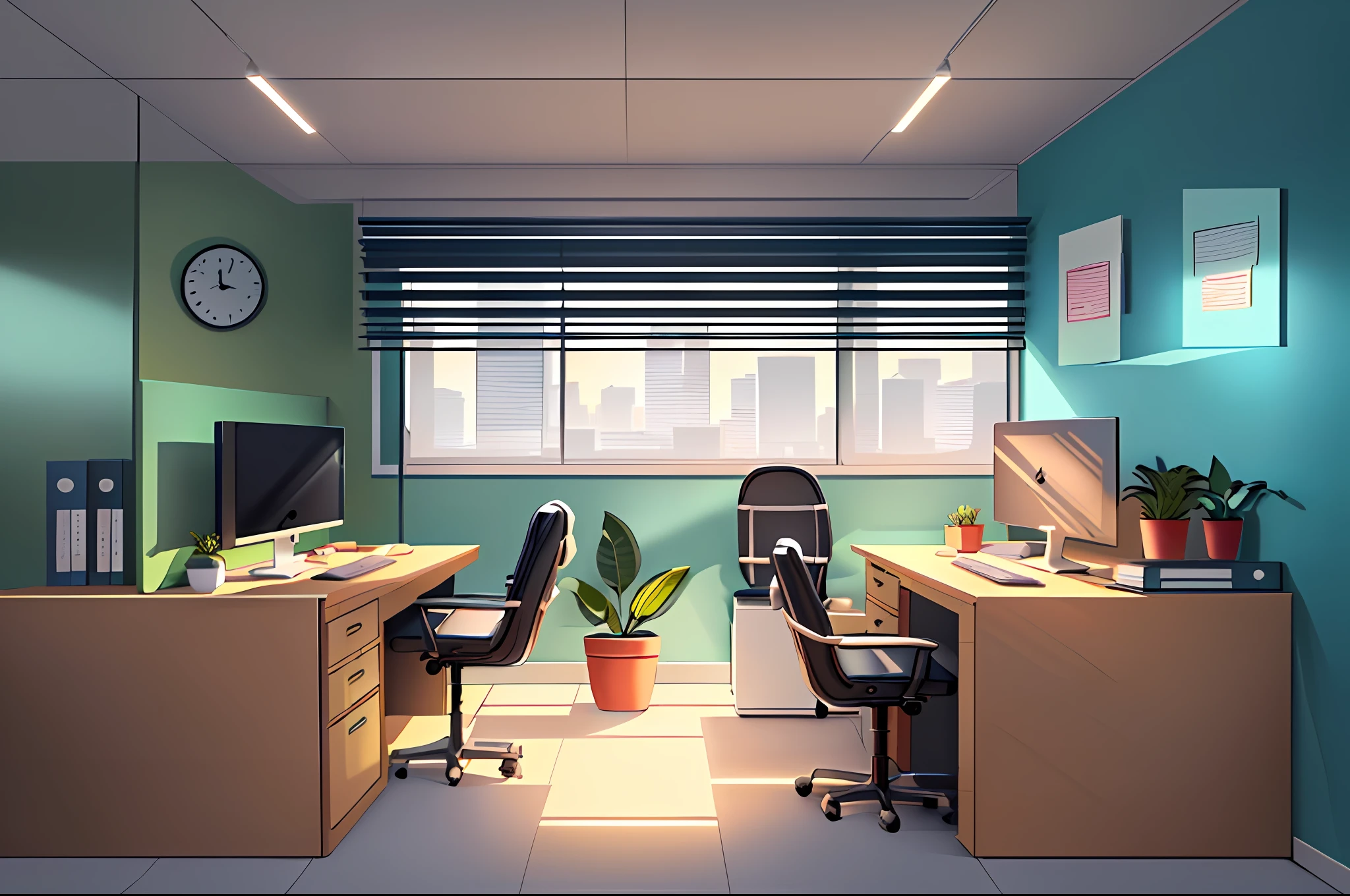 there is a desk with a computer and a plant in the corner, office background, corner office background, detailed 2d illustration, corporate animation style, flat illustration, commercial illustration, office cubicle background, 2d illustration, 2 d illustration, offices, interior background art, shaded flat illustration, office room interior, vector illustration, environment design illustration