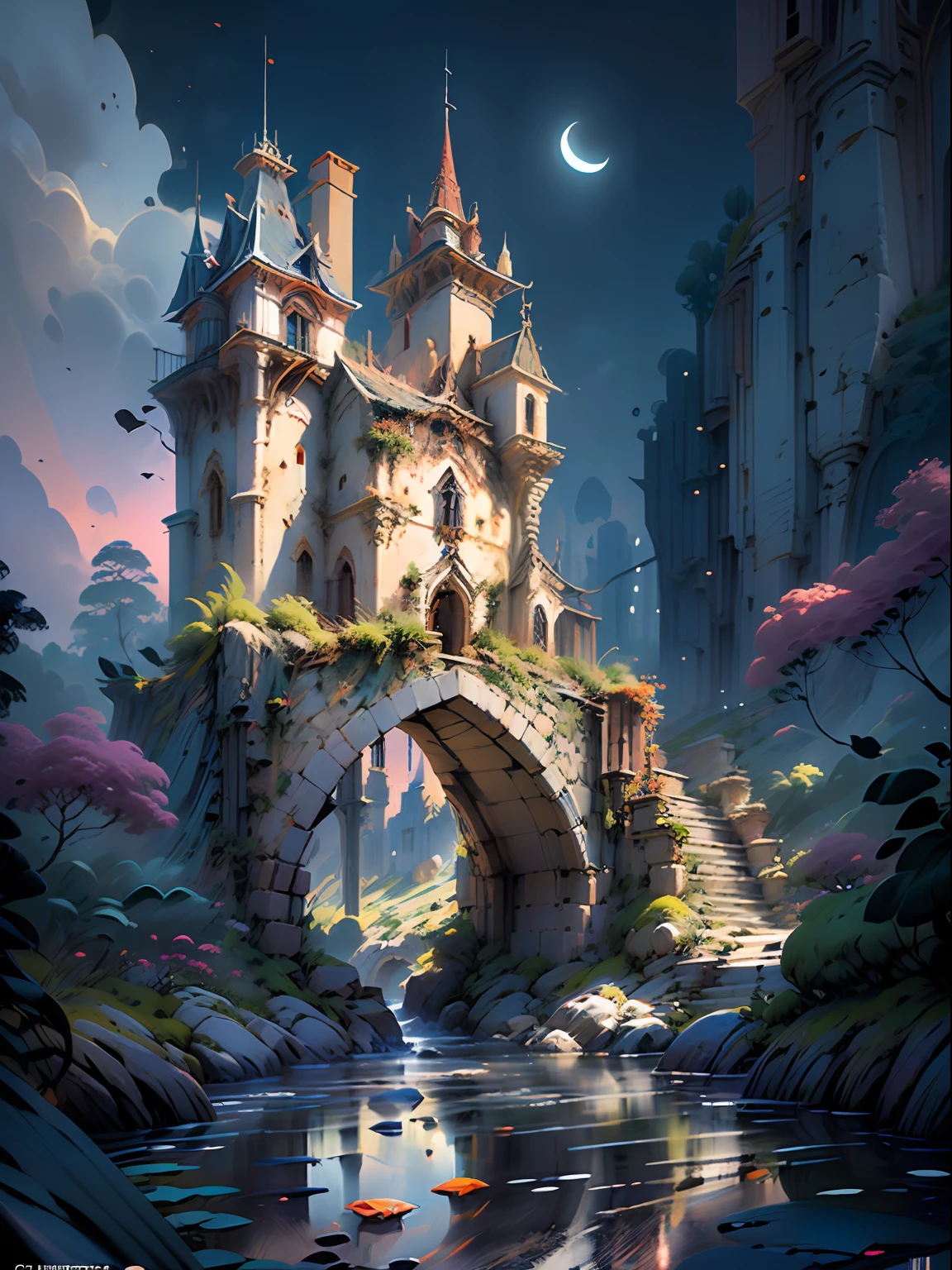(magical place: 1.2, colores vibrantes: 1.1, puente, Ciudad en el horizonte, 8k) Castillo medieval, En invierno Sky con Ralampagos