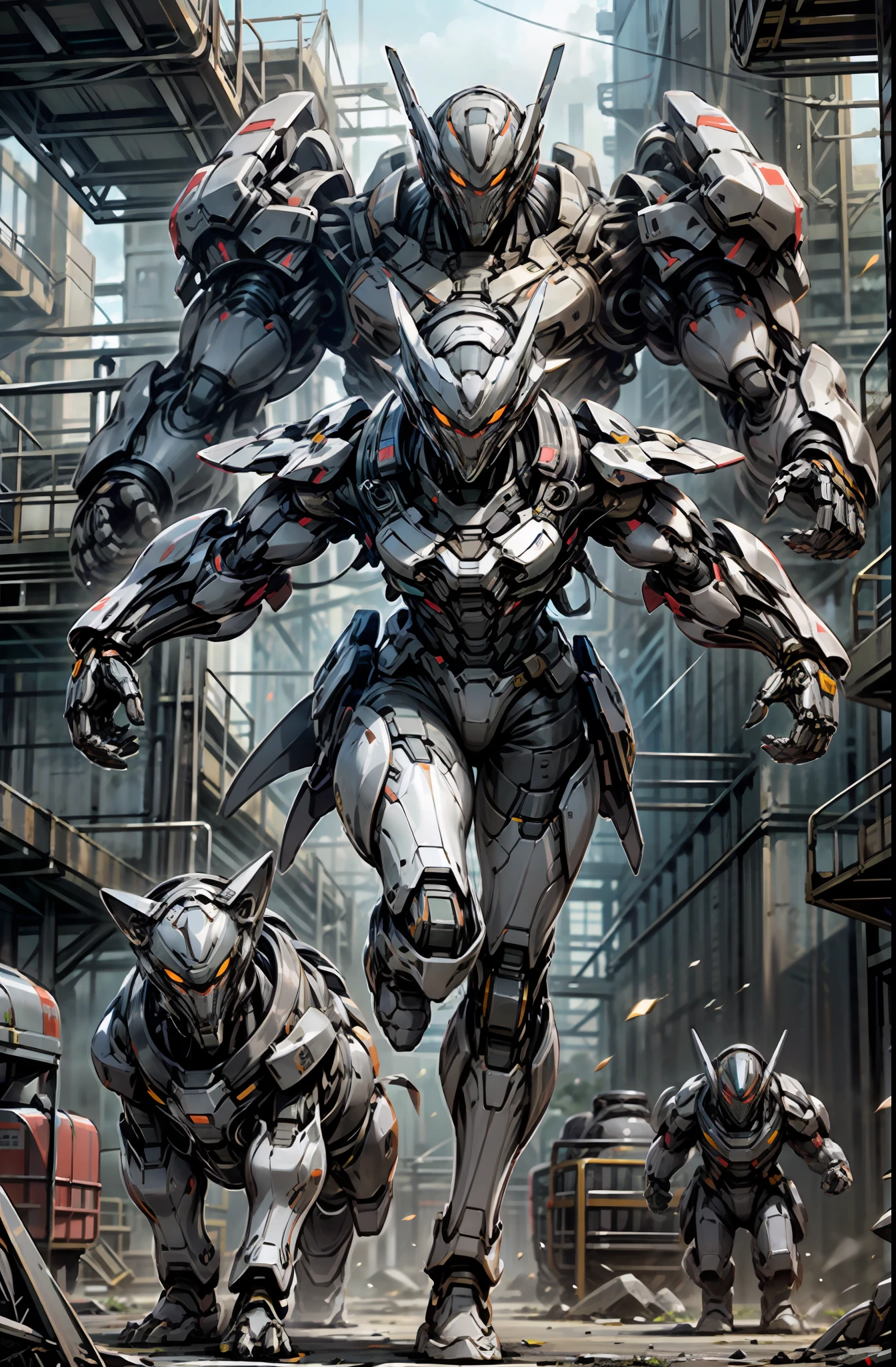 Fantasy cyberpunk world,1 mechanical marvel,Robots defend the world order;Samurai mechanical armor,Armed with unambiguous weapons,Streamlined black and red design,wearing in black cloak,A great piece of the 1 man robot,Art of the highest quality,8K ultra-high resolution,dynamic lighting,Cinematic magnificent,Bright colors,Robot dogs are foolproof。