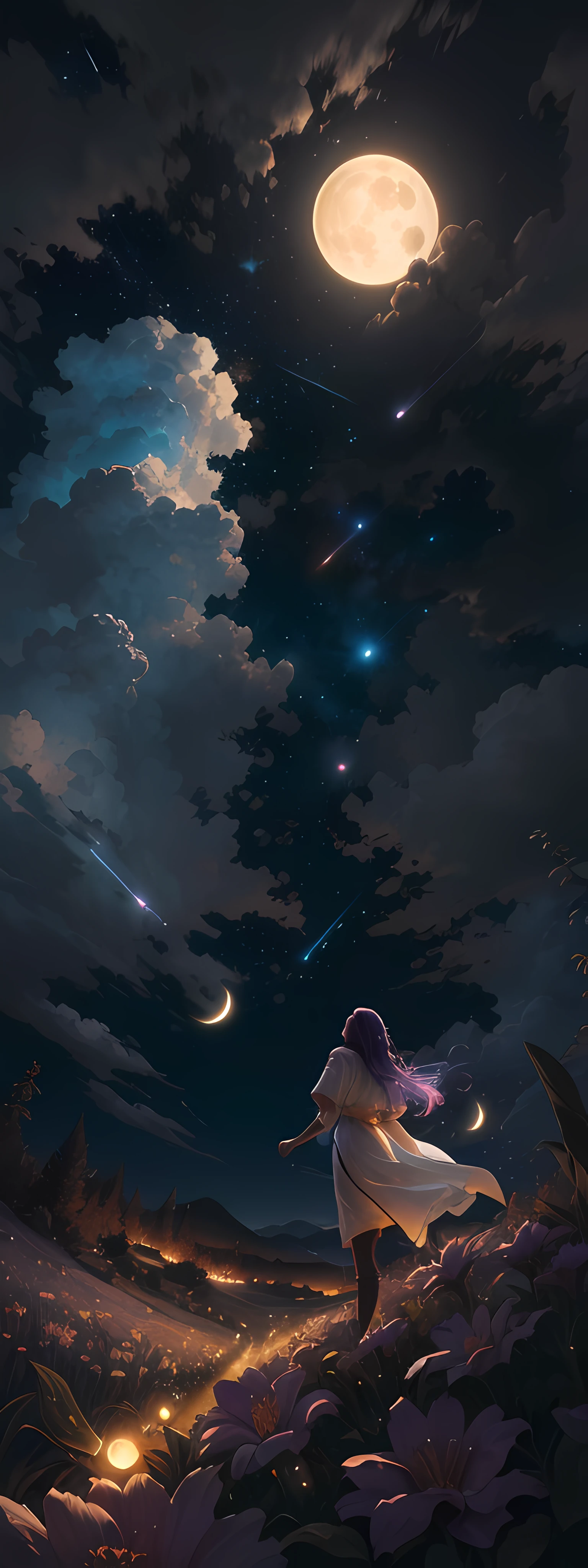 A wide landscape photo, (viewed from below, the sky is above, and the open field is below), a girl standing on a flower field looking up, (full moon: 1.2), (meteor: 0.9), (nebula: 1.3), distant mountains , Trees BREAK Crafting Art, (Warm Light: 1.2), (Firefly: 1.2), Lights, Lots of Purple and Orange, Intricate Details, Volumetric Lighting BREAK (Masterpiece: 1.2), (Best Quality), 4k, Ultra Detailed, (Dynamic Composition: 1.4), Rich in Detail and Color, (Rainbow Color: 1.2), (Glow, Atmospheric Lighting), Dreamy, Magical, (Solo: 1.2)