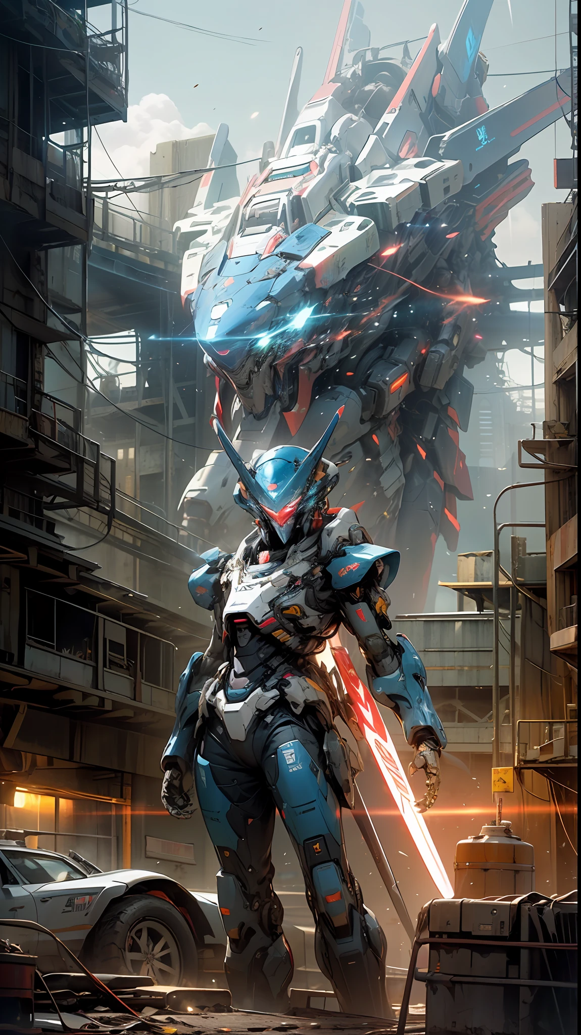 ((Best quality)), ((masterpiece)), (highly detailed:1.3), 3D, beautiful, (cyberpunk:1.2), in space, nebula, holding_weapon, (1Female mecha:1.3), facing the viewer, glowing eyes, full body, (flying, swooping down, dynamic, motion blur: 1.4), (huge mecha wings: 1.6), looking up, glowing_eyes, mecha, panorama, background is earth, nebula, space, particles, reality, HDR (High Dynamic Range), Ray Tracing, NVIDIA RTX, Super Resolution, Unreal 5, Subsurface Scattering, PBR Texturing, Post Processing, Anisotropic Filtering, Depth of Field, Maximum Clarity and Clarity, Multilayer Textures, Albedo and Specular map, Surface shading, accurate simulation of light-material interaction, perfect proportion, Octane Render, two-tone lighting, large aperture, low ISO, white balance, rule of thirds, 8K RAW, efficient sub-pixel, sub-pixel convolution,