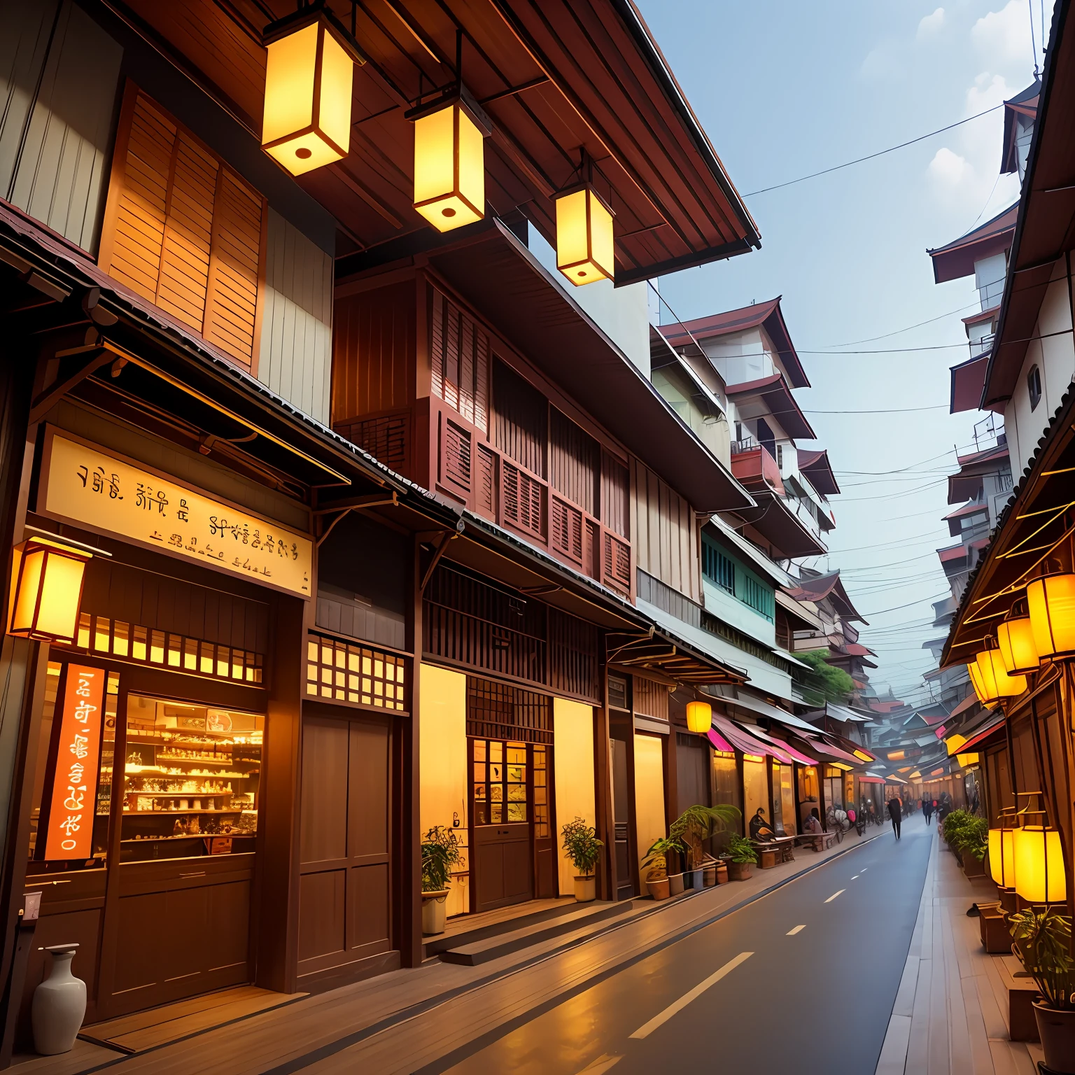 Aerial view of a village with lots of lights on the buildings, cidade dos sonhos, vila japonesa, paper awesome wallpaper, cidade japonesa, vila japonesa, foto hiper realista de uma cidade, old asian village, cidade japonesa, por Raymond Han, noite com lua cheia, Cyberpunk Chinese Ancient Castle, beautifully lit buildings, at evening during rain, handsome and aesthetic, fotografia, cinematographic, alto detalhado ((Chuva forte))), 8k --auto