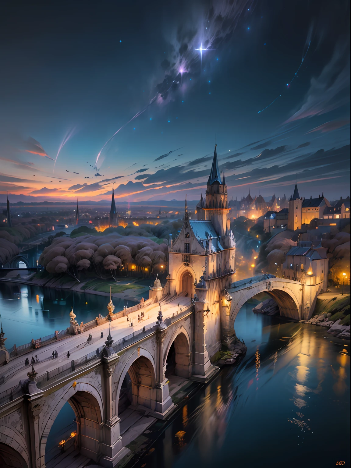 (magical place: 1.2, colores vibrantes: 1.1, puente, Ciudad en el horizonte, 8k) Castillo medieval, En invierno Sky con Ralampagos