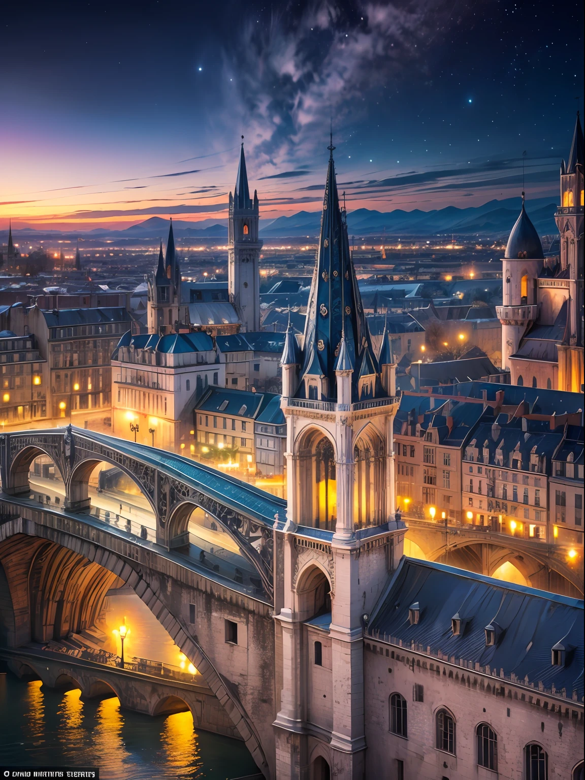 (magical place: 1.2, colores vibrantes: 1.1, puente, Ciudad en el horizonte, 8k) Castillo medieval, En invierno Sky con Ralampagos
