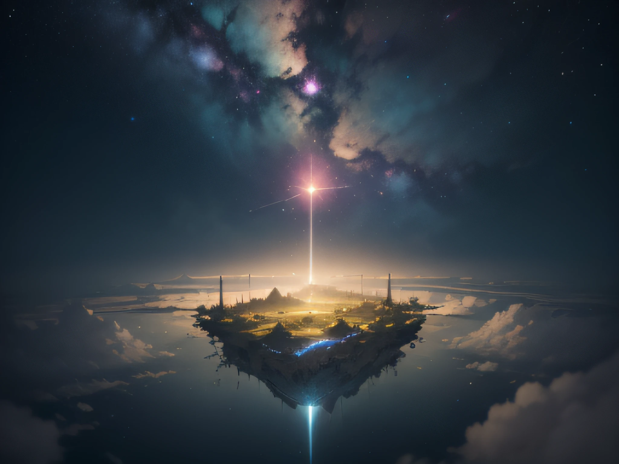 An island in the air,The background is the starry sky and the universe