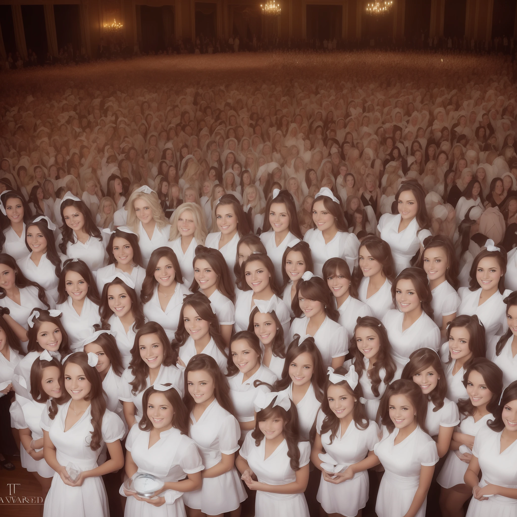 Award Winning Photograph, ((Thousands of, millions of, crowd of)), of gorgeous women, wearing identical maid uniforms, inside mansion, Kodachrome, highly detailed, (perfect faces, highly detailed faces, perfect eyes), different hair colors, different body types, ((cute faces)), looking at viewer, innocent smiles, playful, cheerful, fullbody