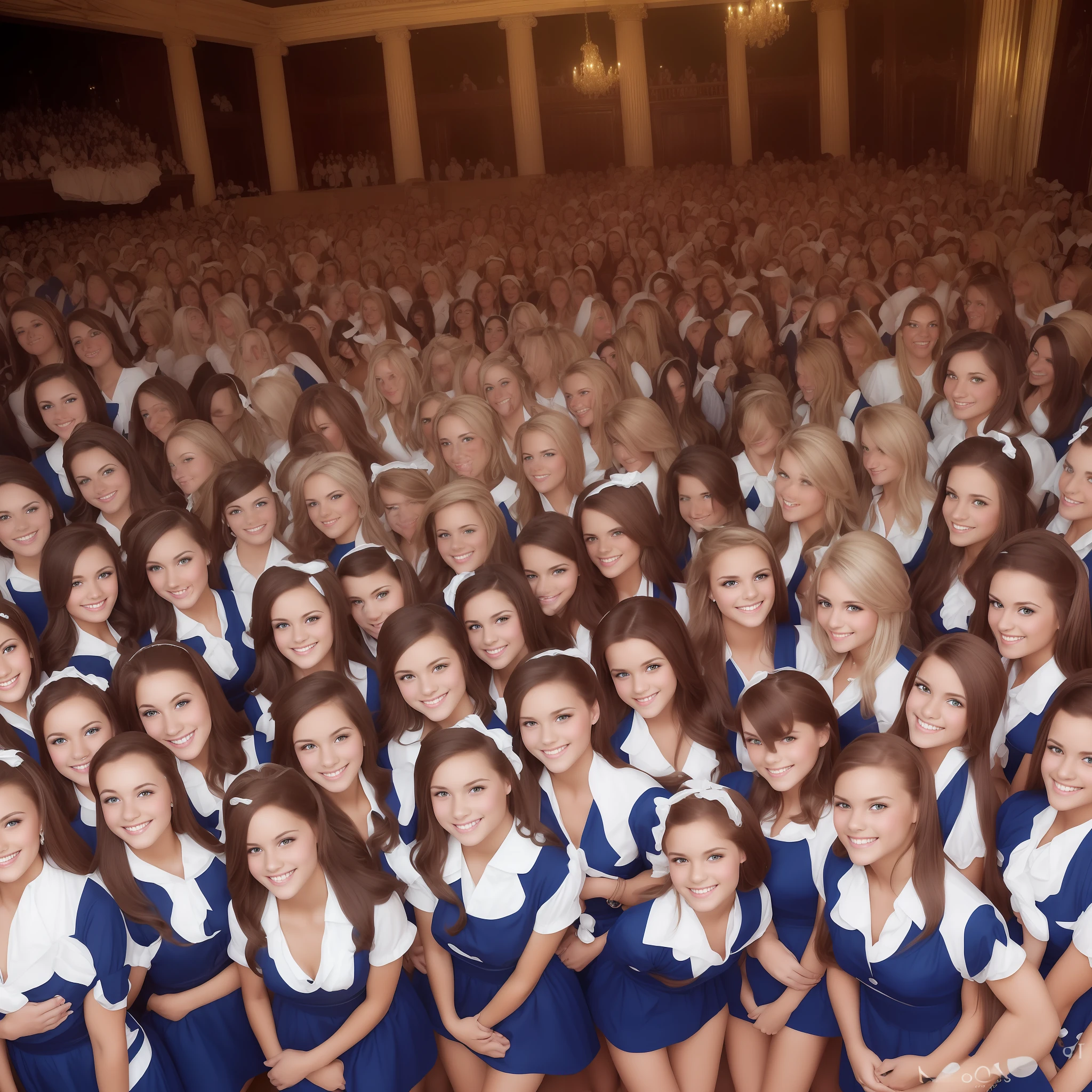 Award Winning Photograph, ((Thousands of, millions of, crowd of)), of gorgeous women, wearing identical maid uniforms, inside mansion, Kodachrome, highly detailed, (perfect faces, highly detailed faces, perfect eyes), different hair colors, different body types, ((cute faces)), looking at viewer, innocent smiles, playful, cheerful, fullbody
