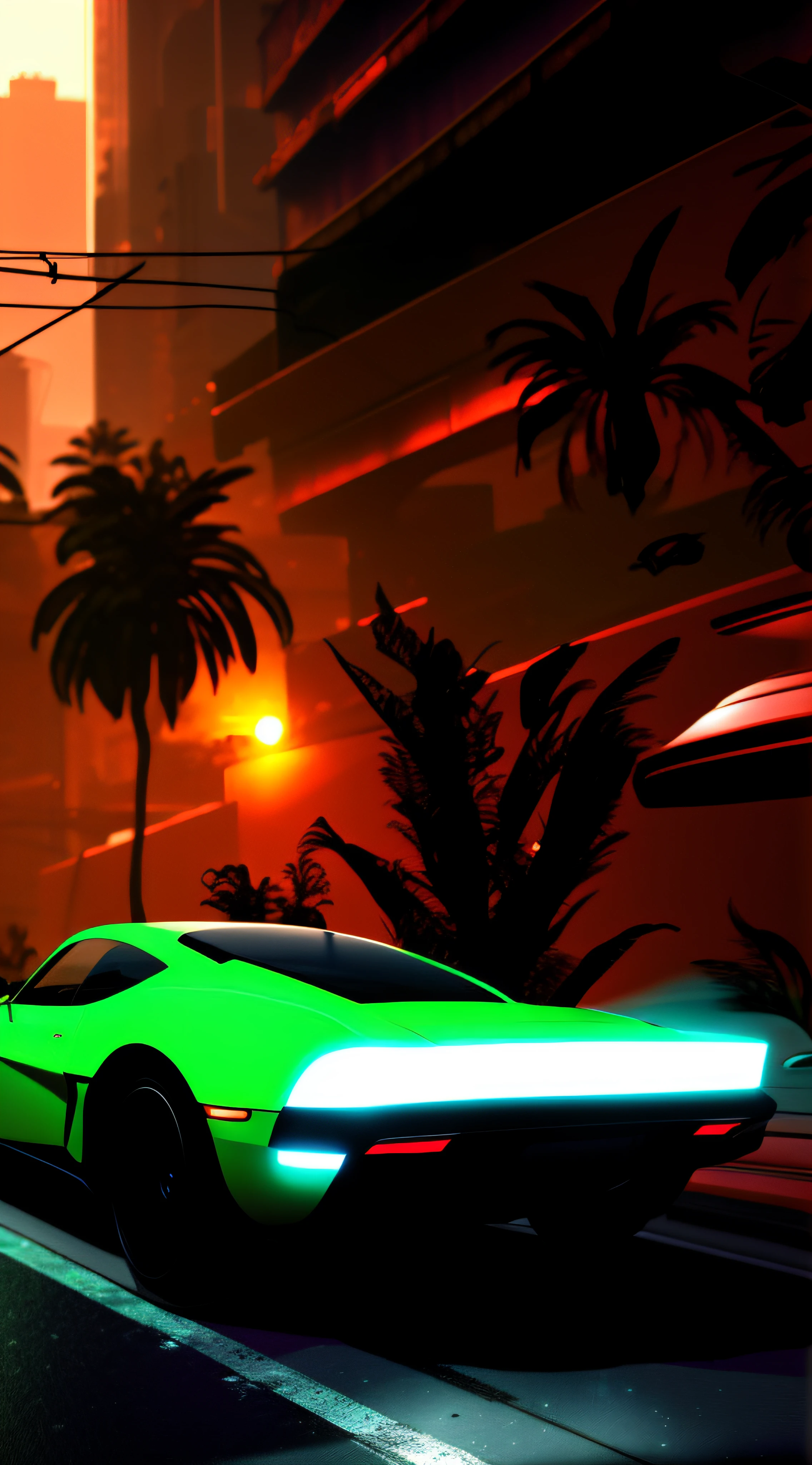 painting of a green sports car driving down a busy street, Octane CGSOCIETY, style of gta v artworks, CGSOCIETY Concept Art, par Aleksander Gine, Rue futuriste, octane trending on cgsociety, highly realistic concept art, deviantart artstation cgscosiety, Rue futuriste de la ville, Dans une ville tropicale et dystopique, CGSOCIETY 9, concept art style