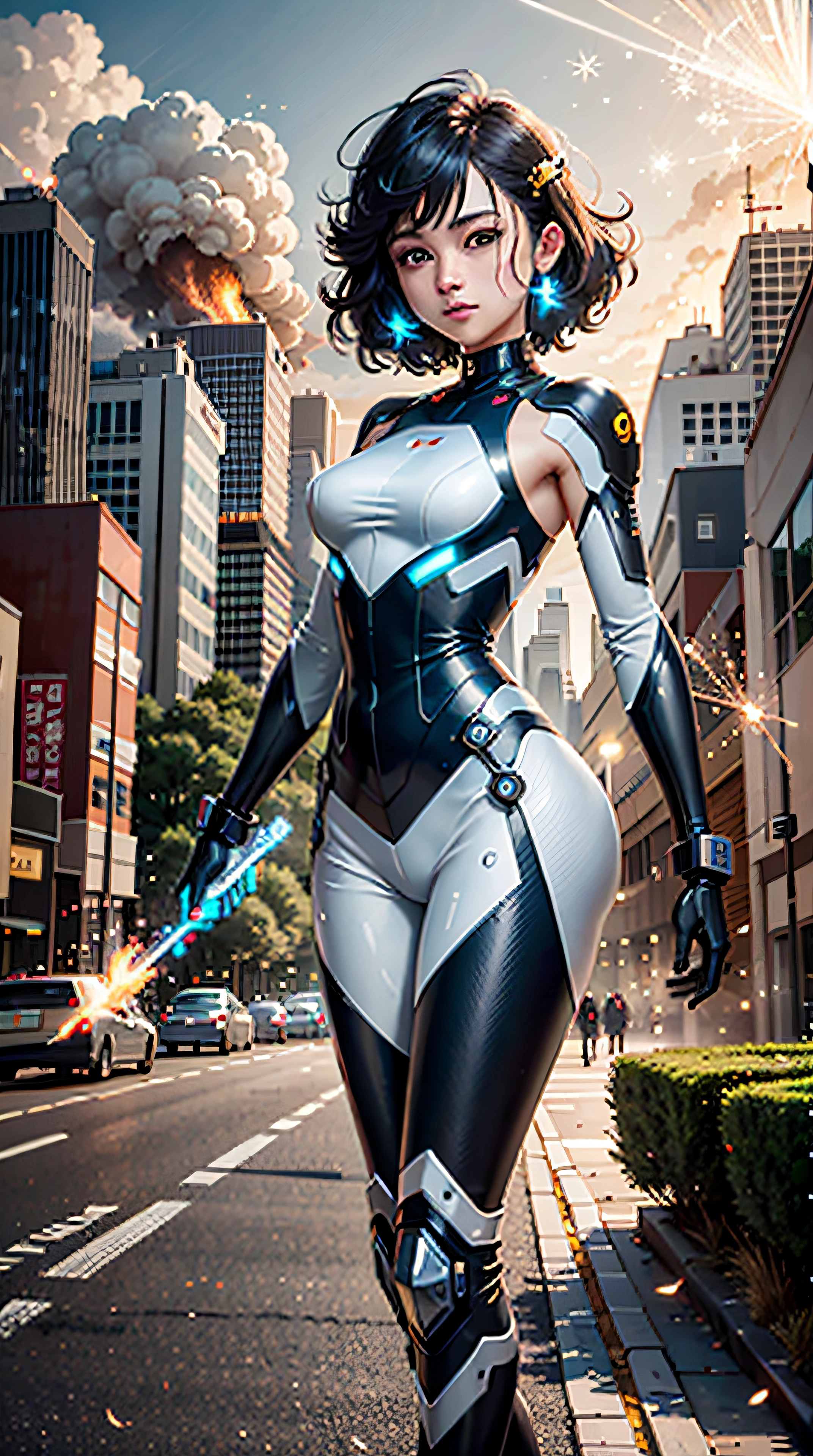 break, 1girl in, 独奏, looking at the viewers, Spur bangs, (young cute beautiful 18-year-old girl:1.1), 3D顔, beautiful a girl, Beautiful face, a cute, Girlface, KPOP Idol, super model, Stunning innocent symmetrical face, (Hands of Guido Daniele), Perfect Body, Medium Breasted, Slim waist, Slim legs, (High Detail Skins:1.2), eyes glowing, goddesses, natural skin textures, shinny skin, White Skin Skin, beautiful  detailed face、detailed faces、Authentic skin texture、Cute delicate face、finerly detailed face、the golden ratio、Golden Ratio Face、expressive eyes、a perfect face、flawless skin、a perfect face、Clear face、shinny hair、thin skin、Proper body proportions、flawless anatomy、realistic skin textures、luscious lips、shiny lips、Natural Makeup、Beautiful bright pupils、Slender figure、intricate eyes、Detailed pupils、 finely detailed face and eyes、long eyeslashes、blush on、Good Hand、perfect hand、Clean face、beautiful female bodies、Fine fine skin、oily shiny skin、break、(((((mecha musume、mechanicalparts、Super Robot Joints、Robot joints、Single mechanical arm、mechanical arms、headgear、Mechanical halo、Star Hello、Complex mechanical bodysuit、mecha corset、body suit、full armor、(embers、battle field、volumetric fog、Gray fog、fumo、 explosions、Apocalyptic、destroyed city background、buildings on fire:1.3)、(Colorful glow floating:1.2)、(Energy Beam:1.3)、(Highly detailed worn metal texture:1.3)、(Rust、impurity、dust particles、Scratches、Scratches on metal textures:1.2)、Science fiction、(Blue hair、Blue theme、Blue coloring、Blue Eyes:1.3)、extra very long hair、(Humans emitting aura from their bodies:1.4)、 (Blue Solo、Lone Girl、Japan Faces、short-cut、black hair girl、（the perfect body：1.4）、Glittering blue colored eyes、Bodysuit in white and blue colors、Tight Fit Clothing、Clothing that covers the whole body、extreamly delicate and beautiful、detailed skins、Slim body、Gentle smile、heroine、long boots、Gloves up to the elbow、front facing、The energy light that turns towards the viewer is emitted from the body:1.4)、(Whole human body:1.3)、(fly:1.3)、(Lightning Discharge Lightning Effect:1.2)、(Electrocution:1.3)、(Luminescent particles:1.4)、Hold the gun、buttle、(electric sparks、fire sparks、Flying bullets、Dodge bullets、Buildings hit by missiles、Future technology drones hit laser weapons:1.3)、Adventurous appearance、stary sky、Colorful refraction、World of Wormholes、futuristic city street、cyberpunked、maschine、 Very metallic texture、Neon light、(Night:1.4)、the wind、Rembrandt lighting、Space Warp、Fog、Pixel art、game art、key visual、Surreal、PBR Texturing、Anisotropy Filtering、Maximum clarity and sharpness、Albedo and specular maps、Multilayer Texture、Surface Shading、sub-pixel convolution、sub-pixel convolution、Accurate simulation of light-material interactions))))、break、(pureerosface_v1:0.5)、(ulzzang-6500:0.5)、(dp:0.6)、独奏、Lone Girl、Japan Faces、short-cut、black hair girl、（the perfect body：1.4）、Glittering blue colored eyes、Bodysuit in white and blue colors、Tight Fit Clothing、Clothing that covers the whole body、extreamly delicate and beautiful、detailed skins、Slim body、Gentle smile、heroine、long boots、Gloves up to the elbow、front facing、Facing the viewer、Future bride、time machine、Beyond Time and Space、quantum computer、Transcendent、Big bang、How it all began、Legendary girl、skyscraper、Weapons of the future、bacpack、World conquest、leeway、rescue、Stargate、Encounters with the unknown、Childhood、Super lucky、Save the world、Future daughter-in-law、Compassion、Future daughter-in-law、Manifest in reality、Help me、Erudition、Intelligent、Eternal Life、Outstanding motor nerves、Have a sense of humor、One Love、The real world、kindliness、Unremitting Love、Eternal youth、Always with you、Disease-free、Language proficiency、Lovesickness and love、