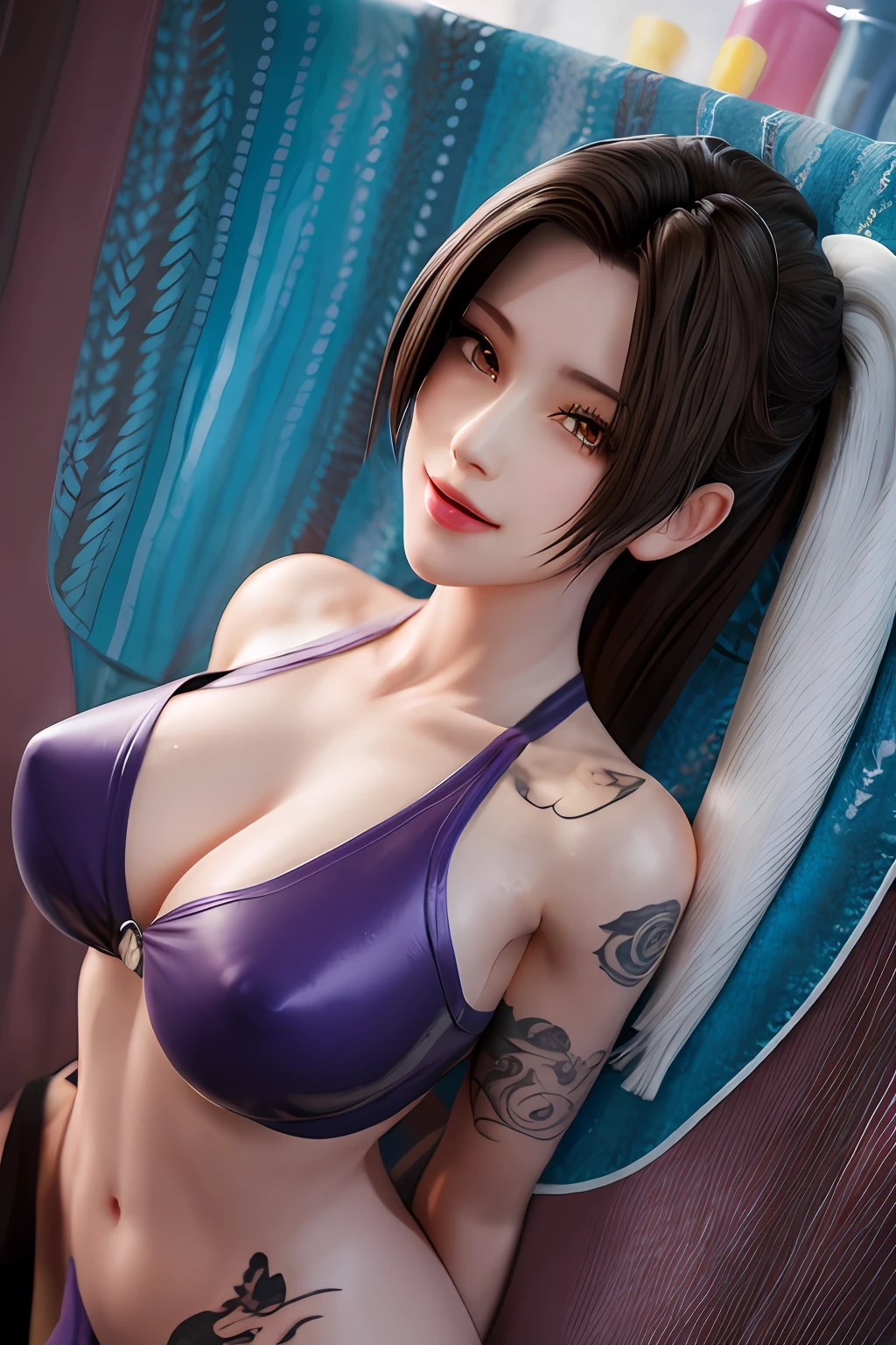 Bird's-eye view,Full body, solo, white underlinen, bangs, bare shoulders, black hair, blunt bangs, (huge stacked breasts), lips, long hair, moles under the mouth, purple eyes, slightly dilated lips, smile, see-through, (wearing translucent bathrobes), under a waterfall, shame,a heavy rain((water-immersed body: 0.9)), (Wet hair),(##color-tattoo ##,color-tattoo, ~+color-tattoo), (masterpiece: 1.4), (best quality: 1.4), real-life portrait photography, (shiny skin), looking at the viewer,