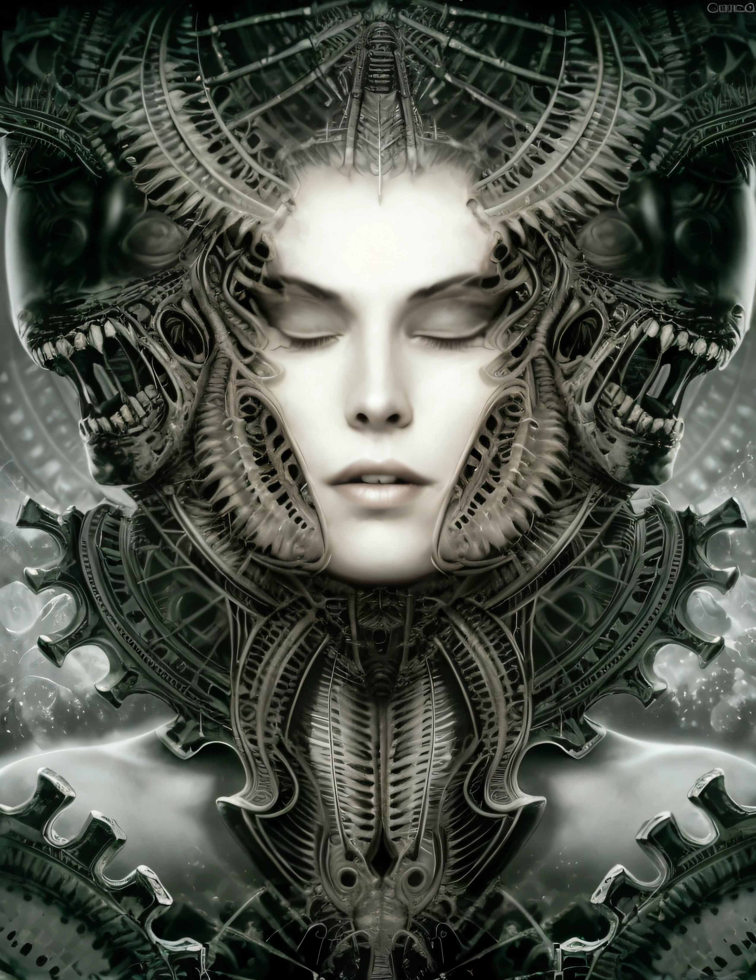 a close up of a woman with a strange face and a strange head, psytrance y giger, symmetrical portrait scifi, giger portrait of queen dragon, fractal biomech, Fondo de giger adornado, biologic hr giger style, cybernetic demon dreaming, intrincado transhumano, Aetherpunk Airbrush Arte Digital, en estilo de giger