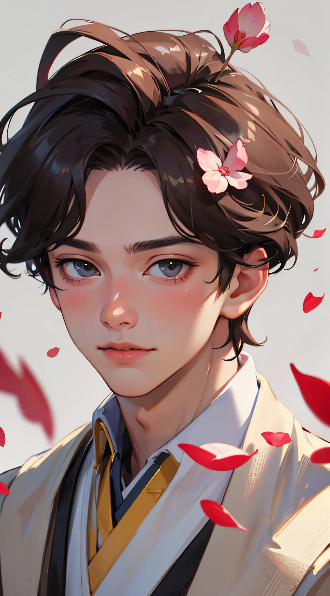 （optimal quality，masterpaintings，Hyper-realistic），1 cute boy portrait，Playful and cute，Background Petals drifting