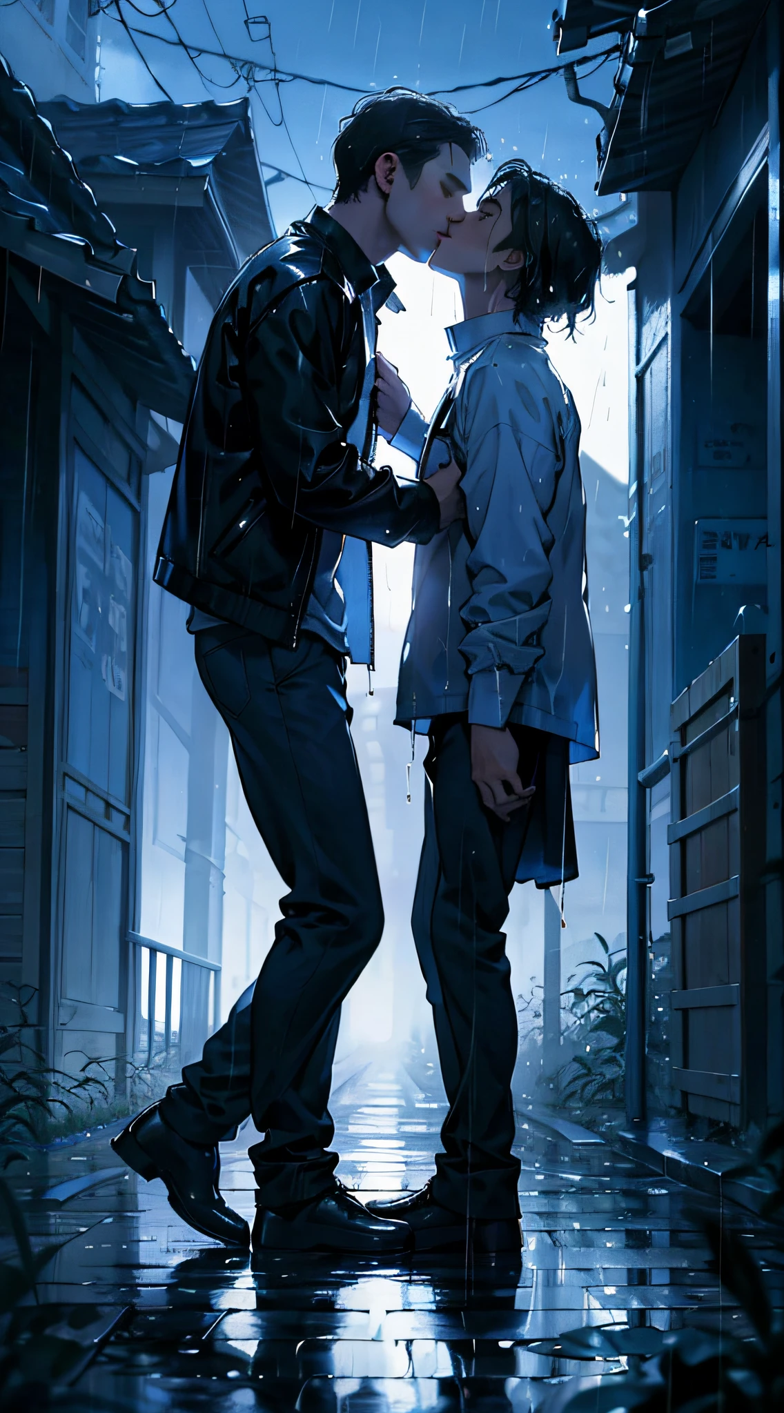 masterpaintings,optimal quality,downpour,Two men,Extremely depressing,with short black hair,Kissing in the rain