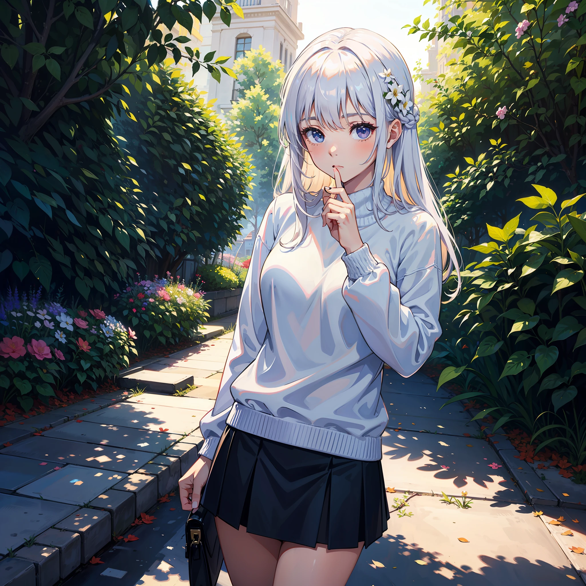 white sweater,masterpiece,high quallity,highly detailed,(1girl:1.2),long hair,white sweater,tight skirt,shushing,eye level view,looking at viewer,bust,tree,flower,