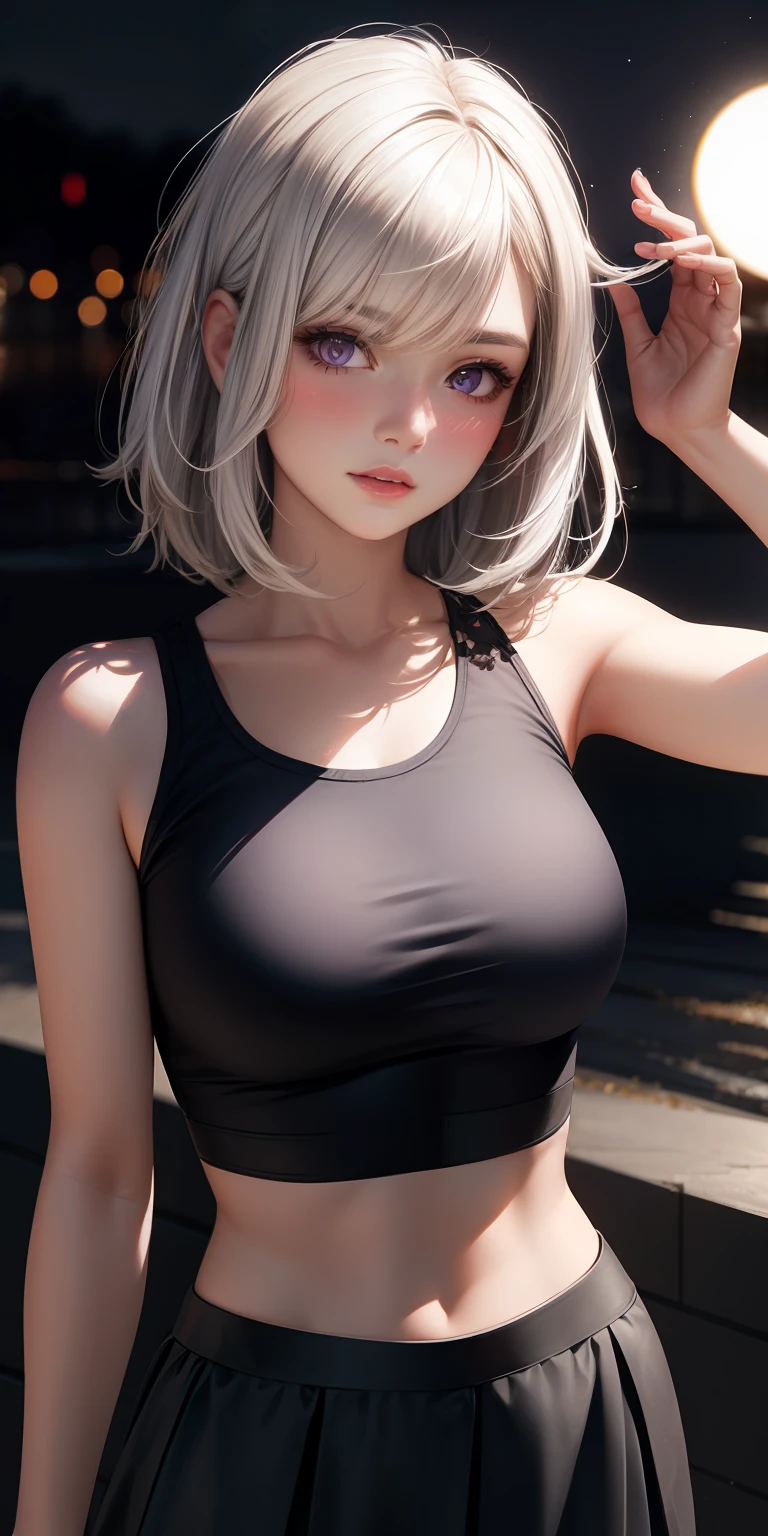realistic, 1girl, white hair, purple eyes, glowing eyes, crop top, skirt, parted lips, blush, night, flowers, sun, sunlight,