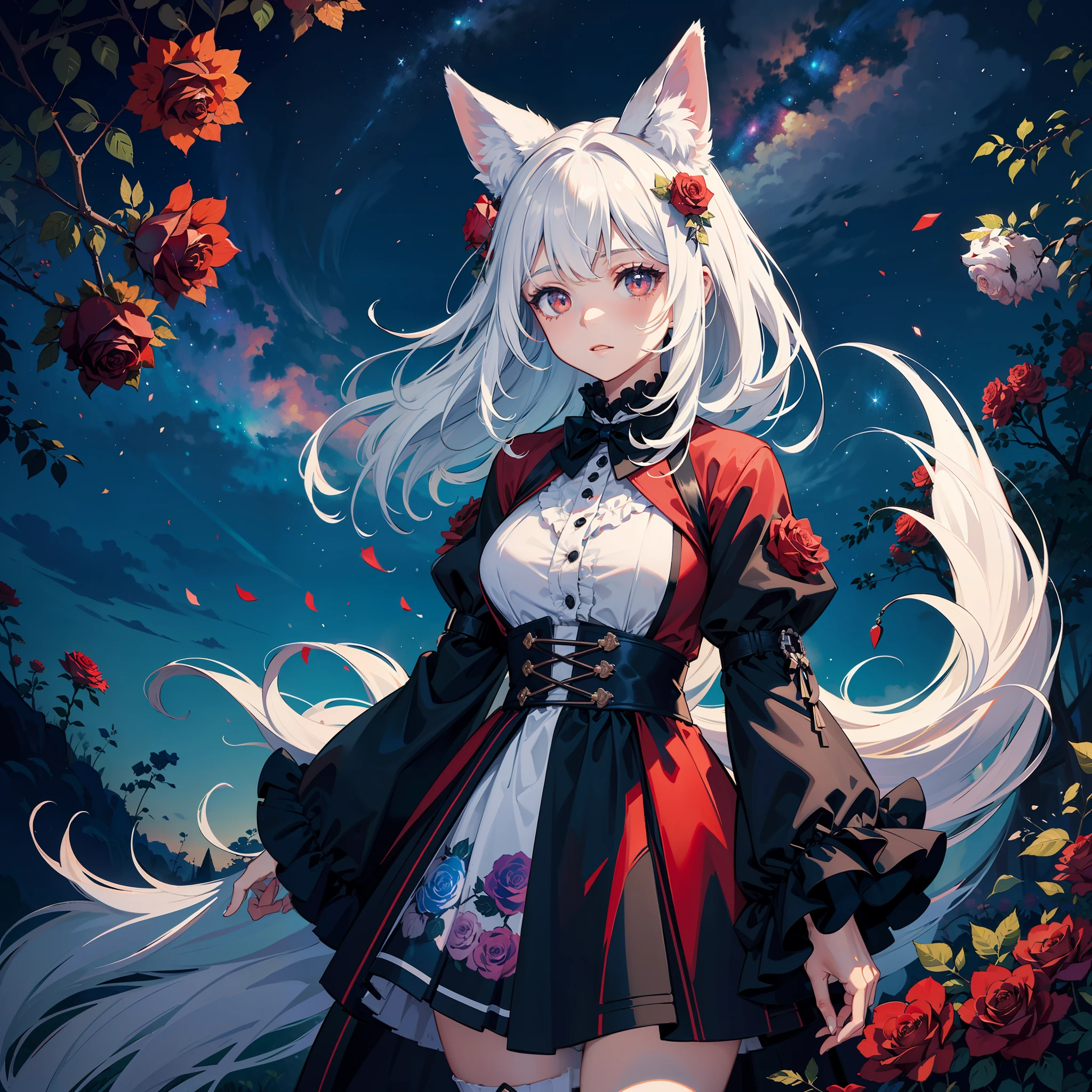masterpiece,ultra-high quality,ultra detailed original illustration,(multicolored eyes),harajuku fashion,long sleeves,frilled sleeves,(Roses:1.2),(fusion of limited color, maximalism artstyle,geometric artstyle, junk art),witchcraft,white hair,long hair,large breasts,white fox ears,white nine tails,sparks,(field,night sky,vibrant nebula sky),