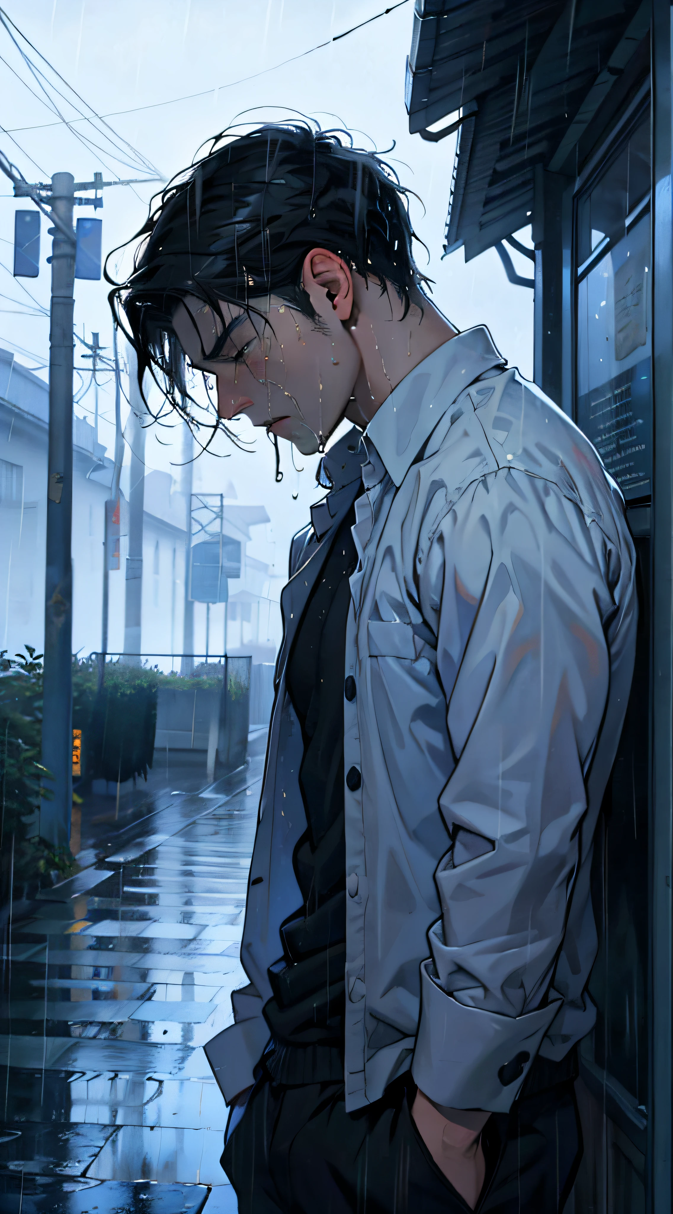 masterpaintings,optimal quality,downpour,A guy,Extremely depressing,with short black hair,weeping,Hold a headache and cry