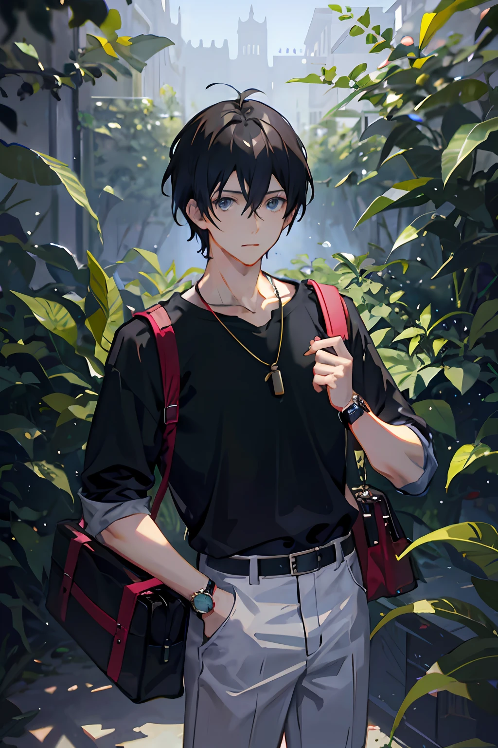 1boy, apple, bag, bangs, berry, black hair, black shirt, blue eyes, hair between eyes, jewelry, leaf, looking at viewer, male focus, necklace, pants, shirt, solo, watch, white pants, wristwatch, messy hair, trending on artstation, 8k resolution, highly detailed, anatomically correct, sharp image, digital painting, concept art, trending on pixiv, style of makoto shinkai,