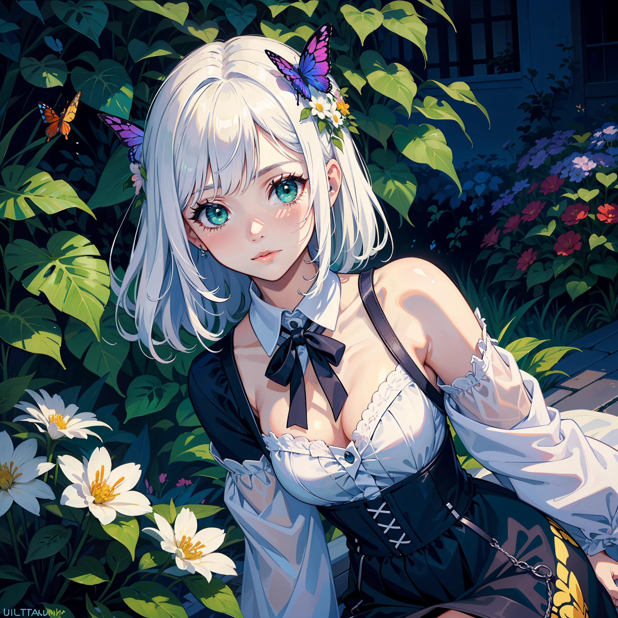 masterpiece, best quality, flowers, garden, 1girl, butterfly style, butterflies, ultra detailed, white hair, green eyes,